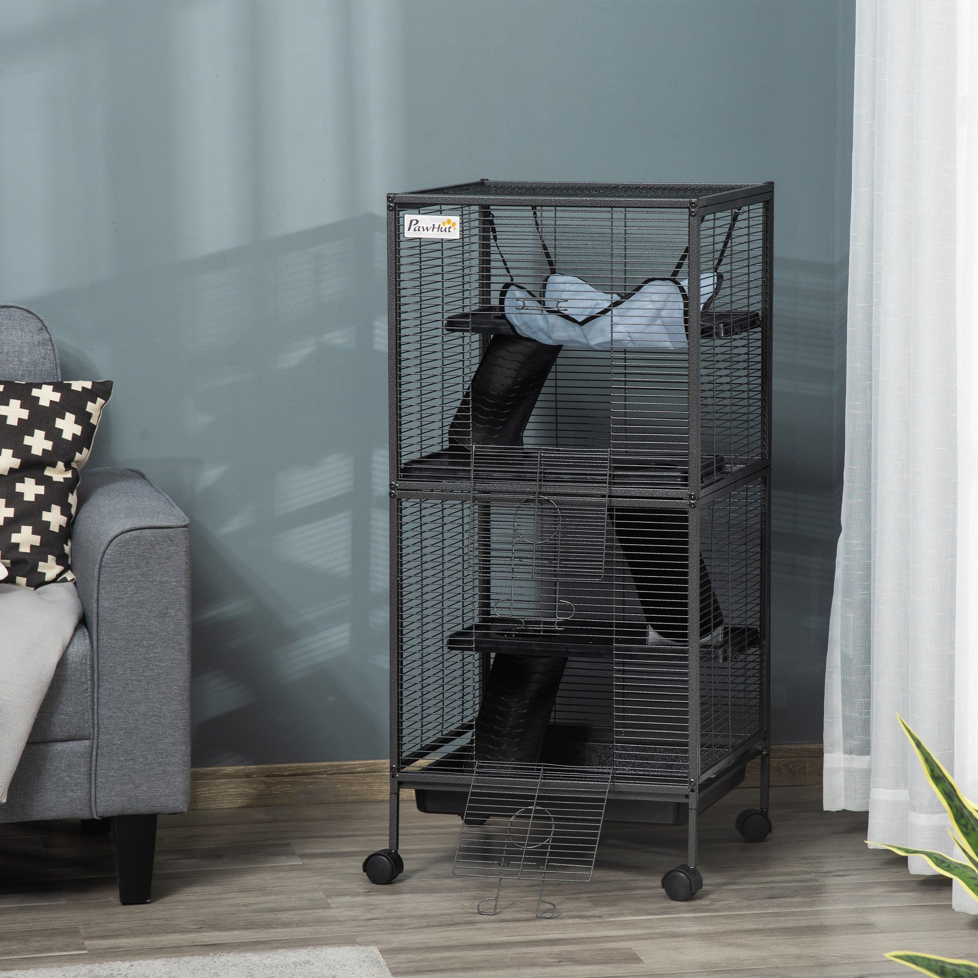 pawhut-cage-petits-animaux-4-tages-roulettes-avec-hamac-gris image 5