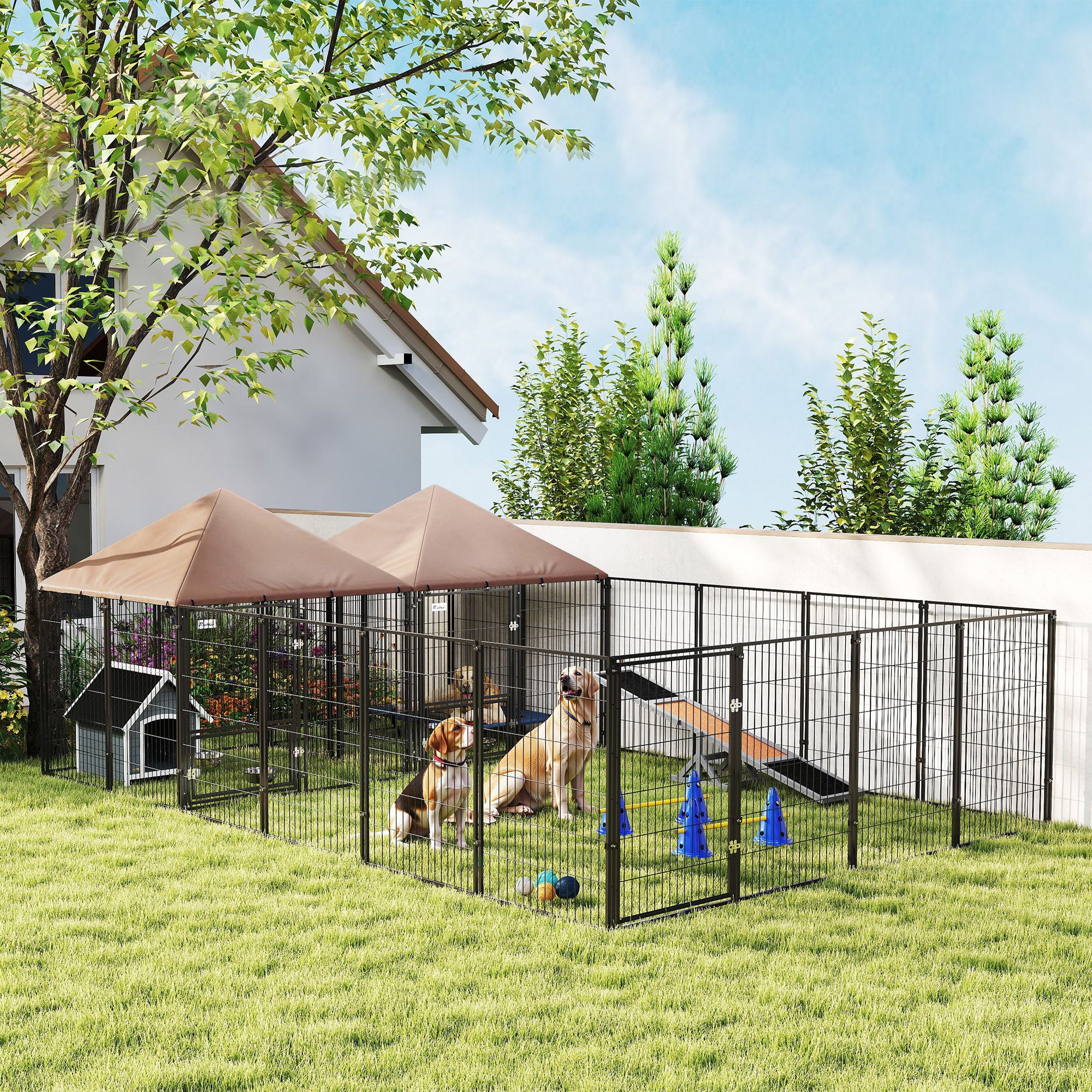 pawhut-chenil-ext-rieur-pour-chien-2-niches-avec-gamelles-et-toit-imperm-able-ma image 3