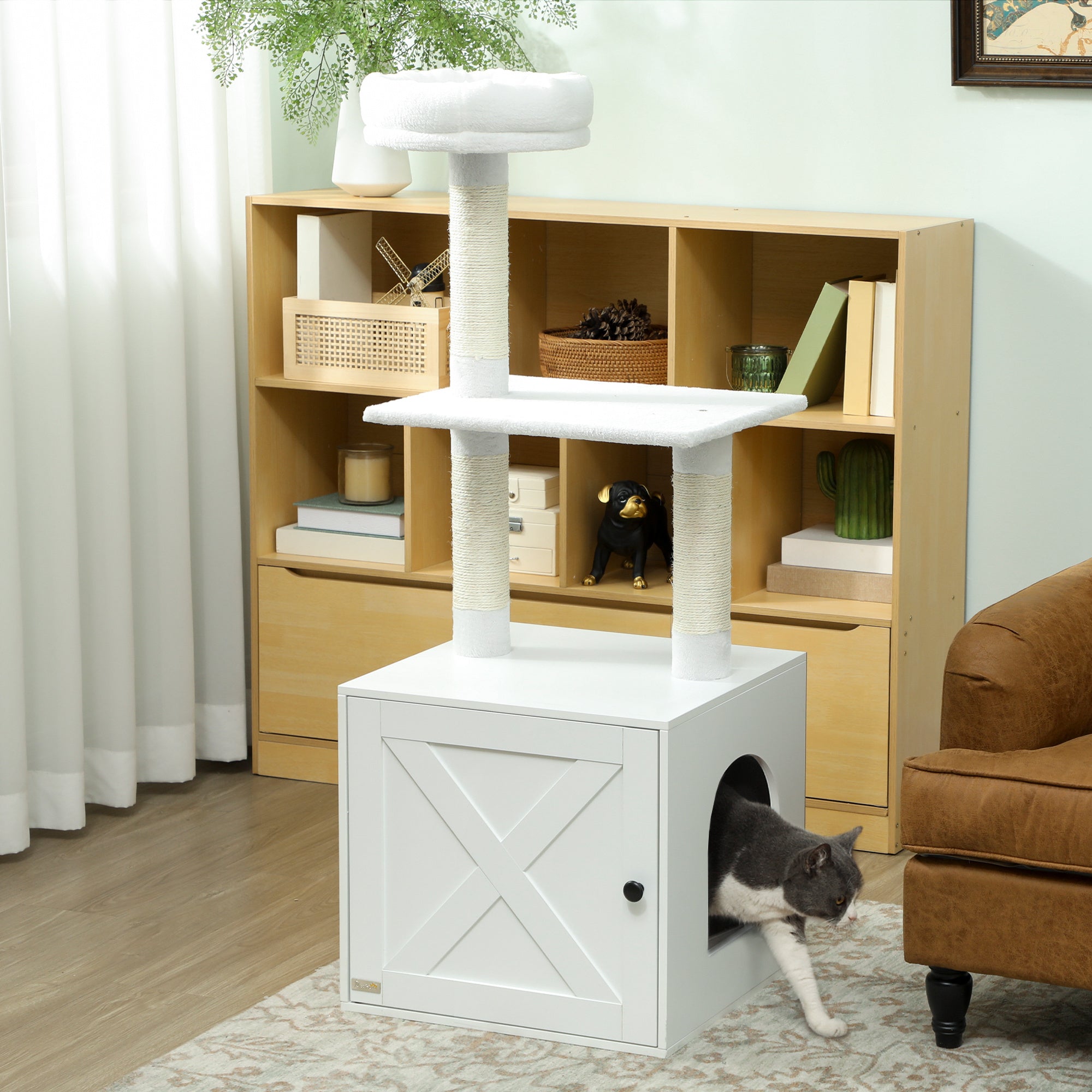 pawhut-arbre-chat-avec-meuble-liti-re-cach-e-et-griffoirs-blanc image 4