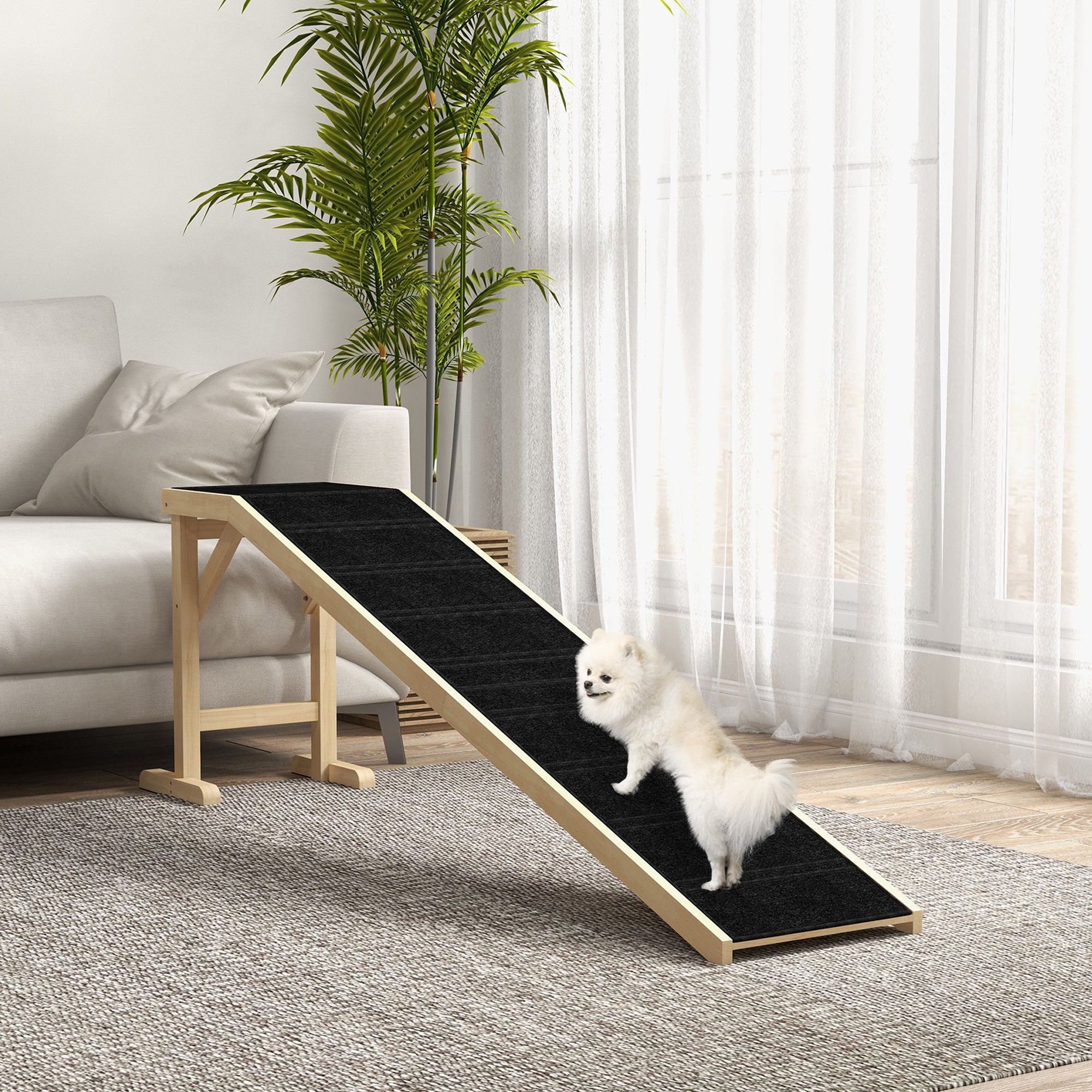 pawhut-rampe-pour-chien-et-chat-en-bois-naturel-avec-tapis-antid-rapant-et-plate image 4