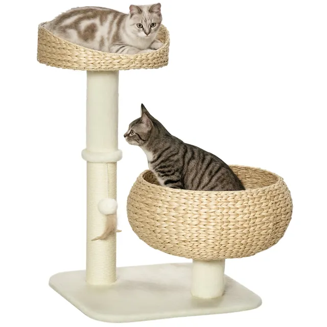 pawhut-arbre-chat-72-cm-maison-en-paille-tress-e-avec-griffoirs-et-coussins image 1