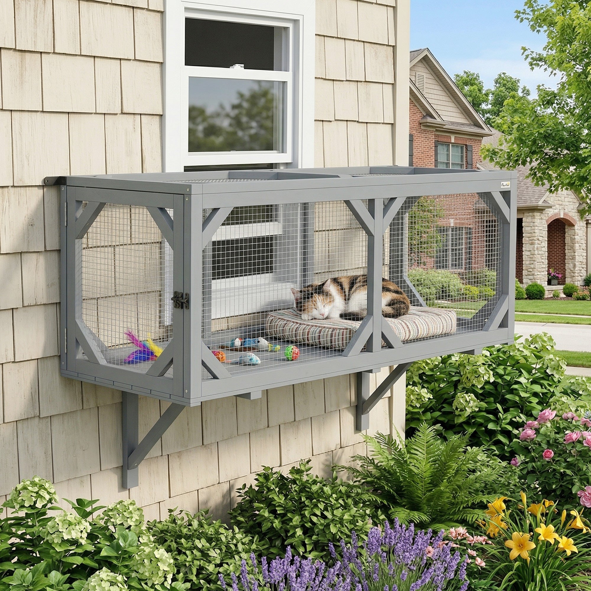 pawhut-tunnel-chat-mural-catio-bois-2-portes-extensible-gris image 3