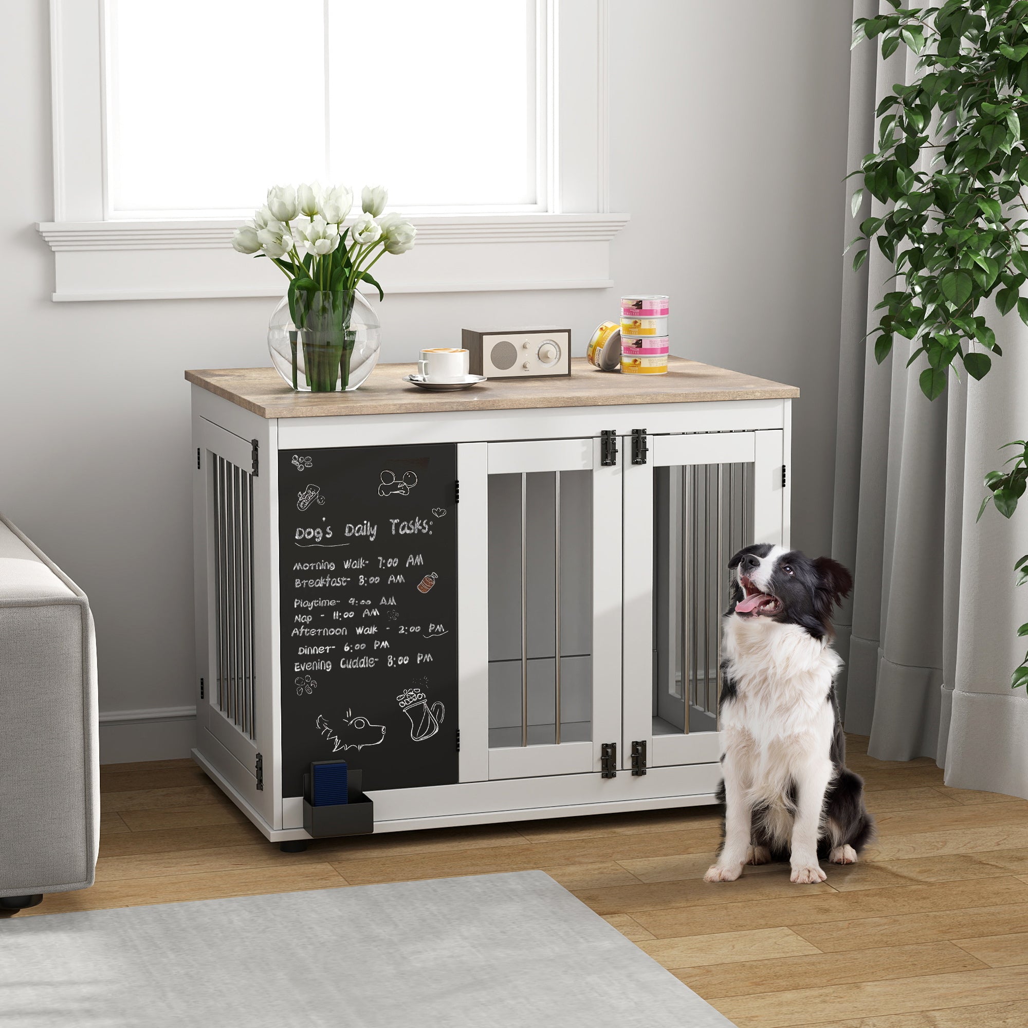 pawhut-niche-chenil-meuble-3-portes-blanche-avec-tableau-noir-pour-grands-chiens image 5