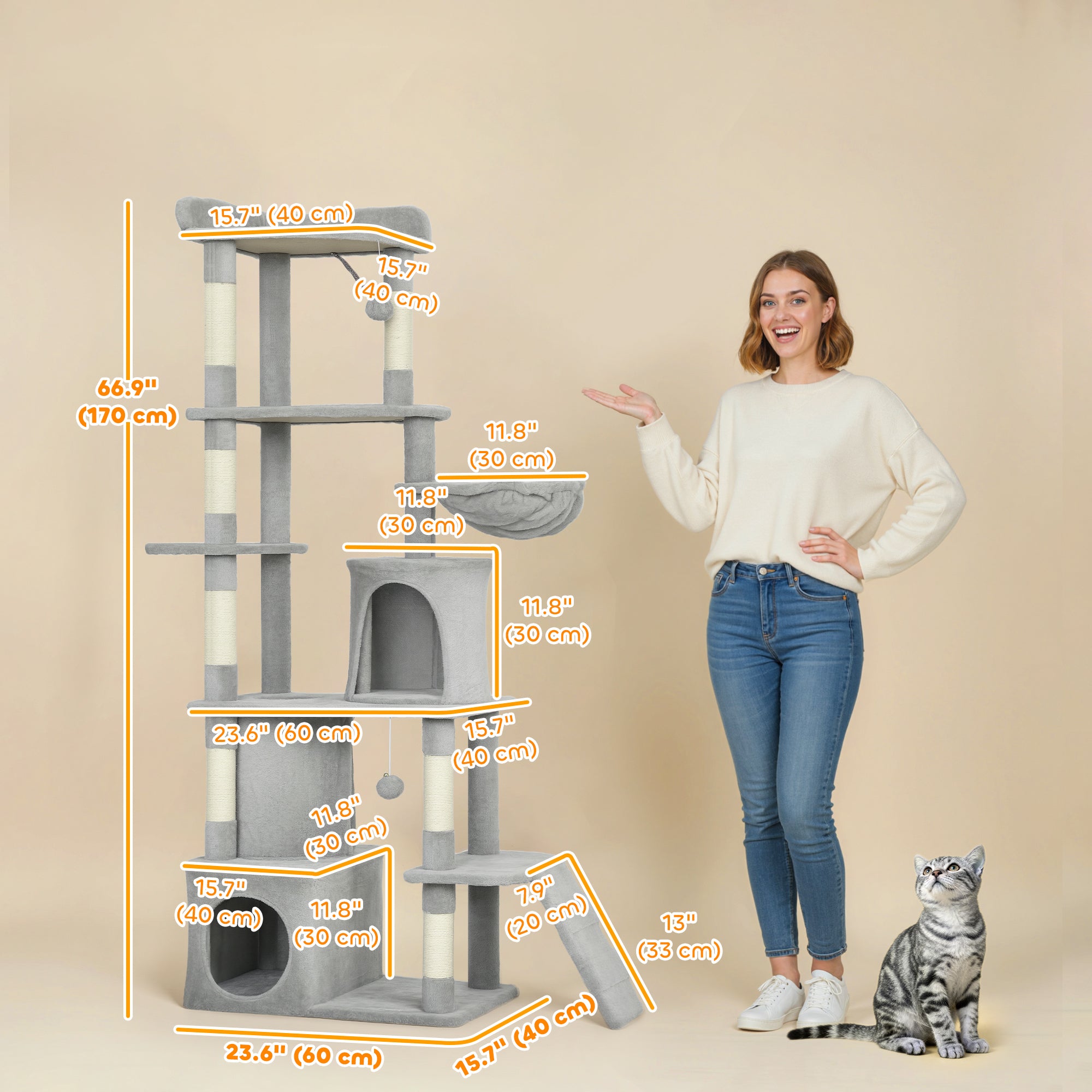 pawhut-grand-arbre-chat-67-7-griffoirs-tunnel-2-niches-hamac-gris-clair image 5