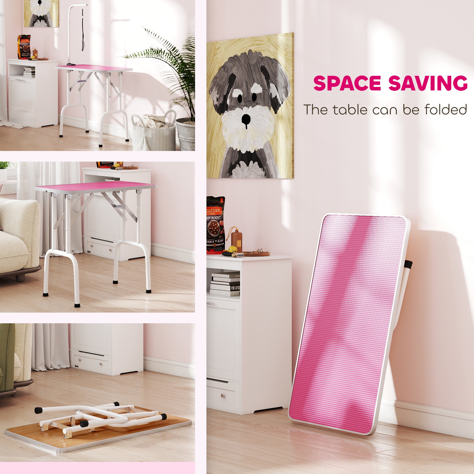 pawhut-table-de-toilettage-pliable-81-cm-rose-avec-bras-r-glable-et-surface-anti image 7