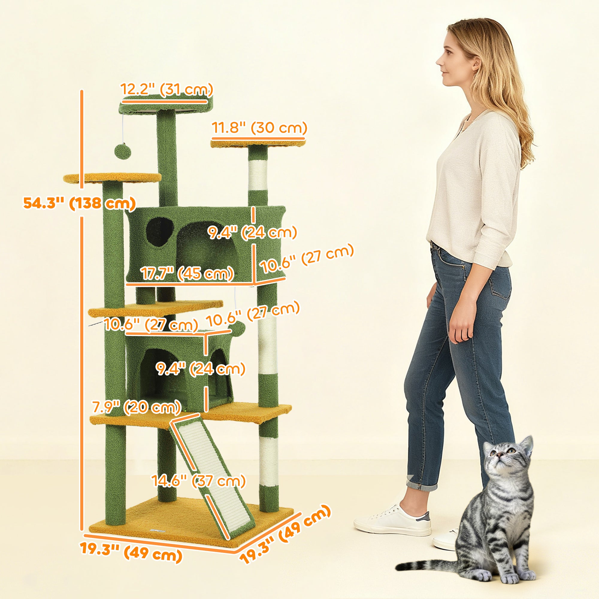 pawhut-arbre-chat-137-cm-vert-avec-2-niches-rampe-hamac-et-griffoir-sisal image 5
