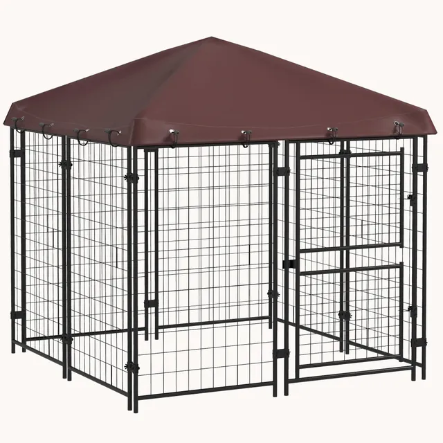 pawhut-chenil-ext-rieur-4-6-x-4-6-x-5-tanche-marron-avec-double-porte-pour-chien image 1