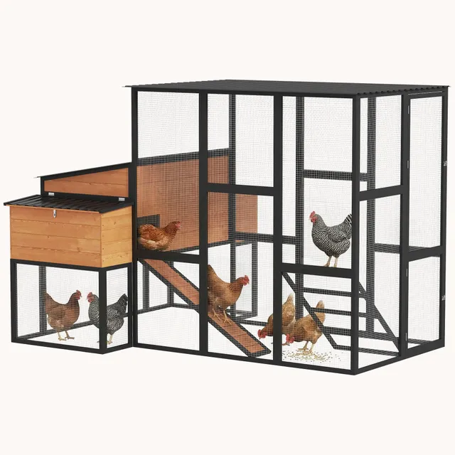 pawhut-poulailler-en-bois-105-avec-enclos-pour-7-12-poules-2-pondoirs-jaune image 1
