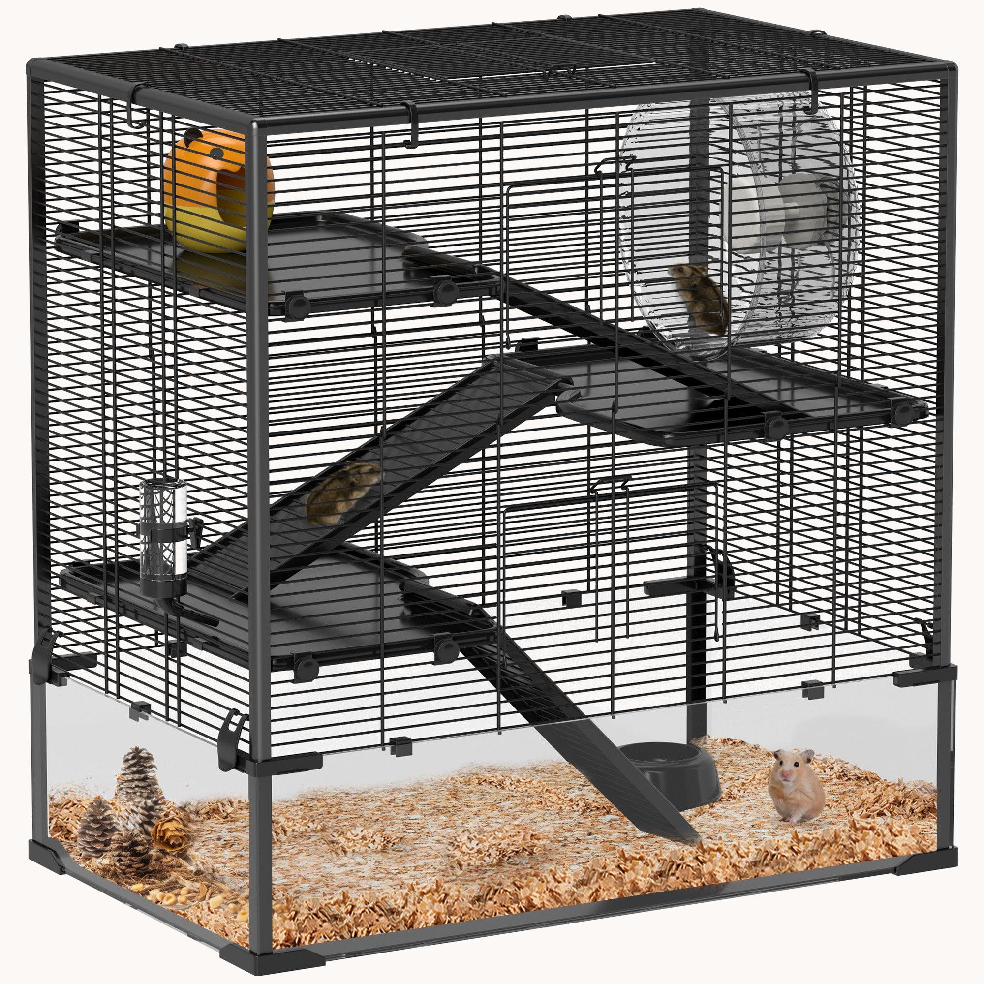 pawhut-cage-hamster-4-tages-fond-verre-tremp-31x19x31-5-pouces-noire image 1