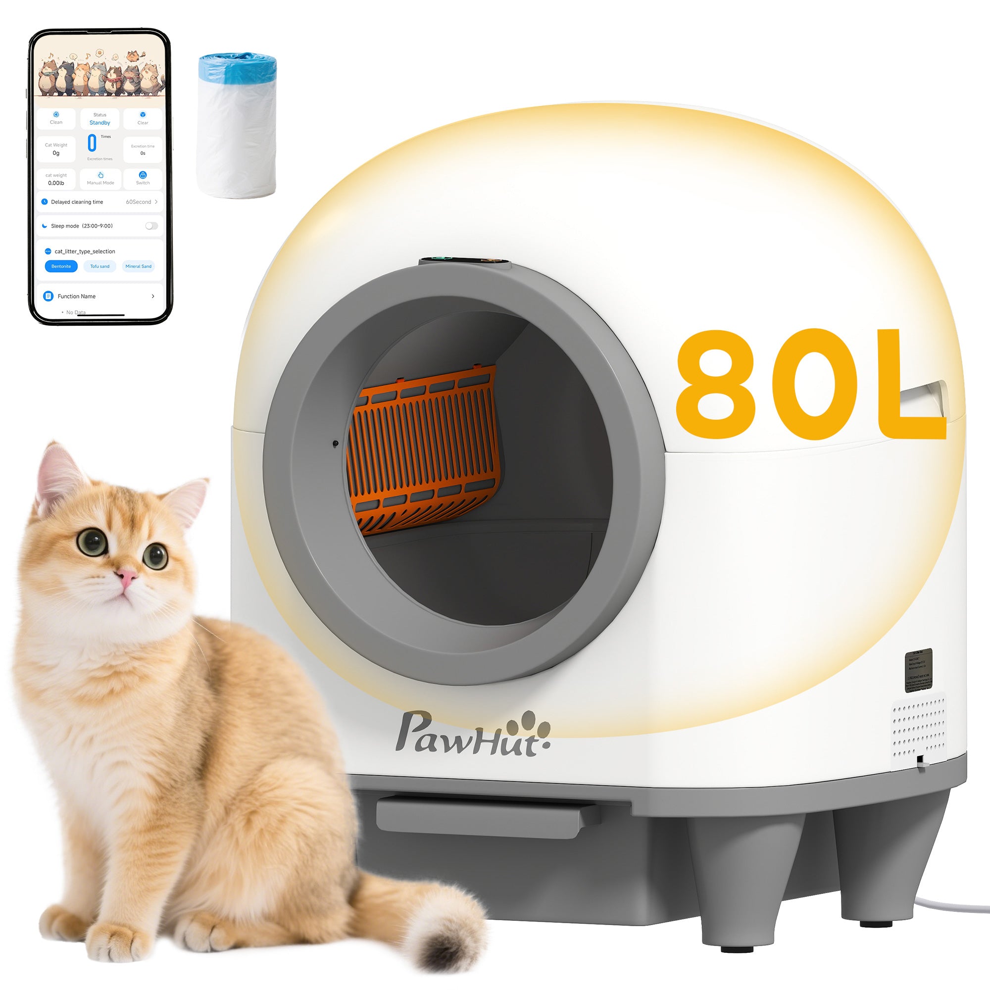 pawhut-bac-liti-re-auto-nettoyant-80l-connect-avec-contr-le-app-multi-chats image 1