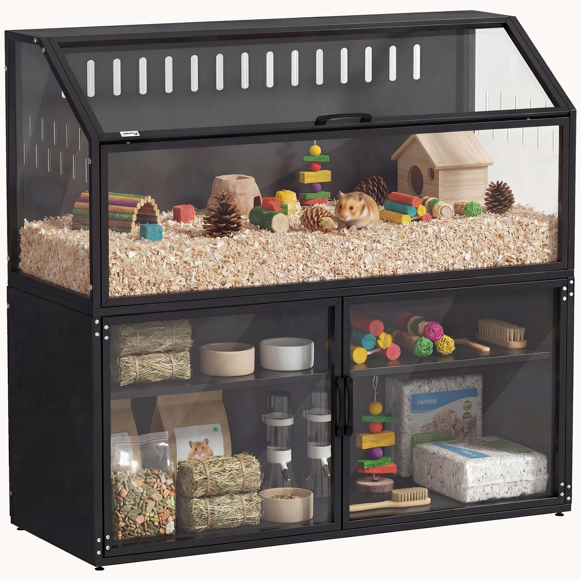 pawhut-cage-hamster-avec-meuble-de-rangement-panneaux-acryliques-noire image 1