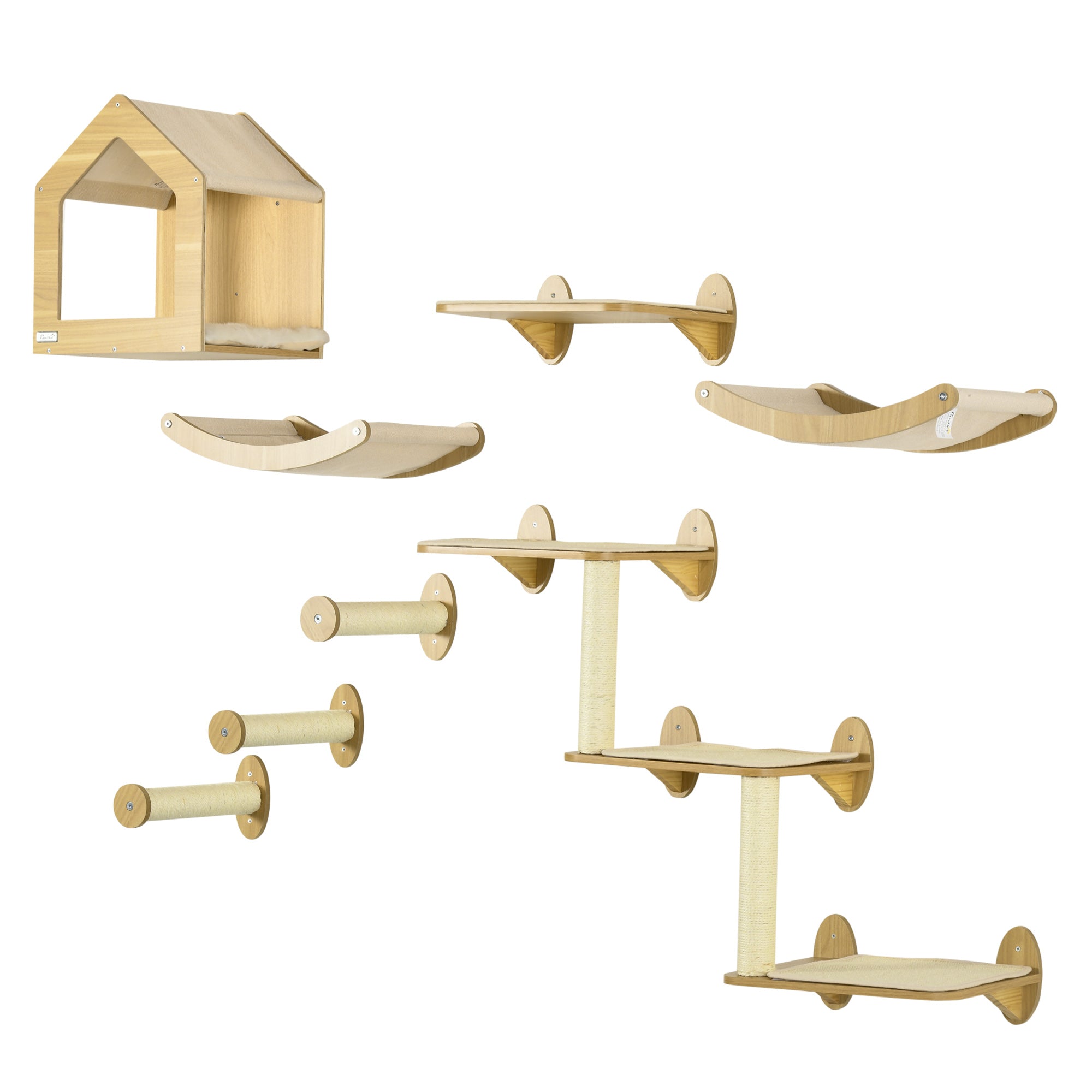 pawhut-ensemble-8-pi-ces-tag-res-murales-pour-chat-avec-niche-3-perchoirs-beige image 2