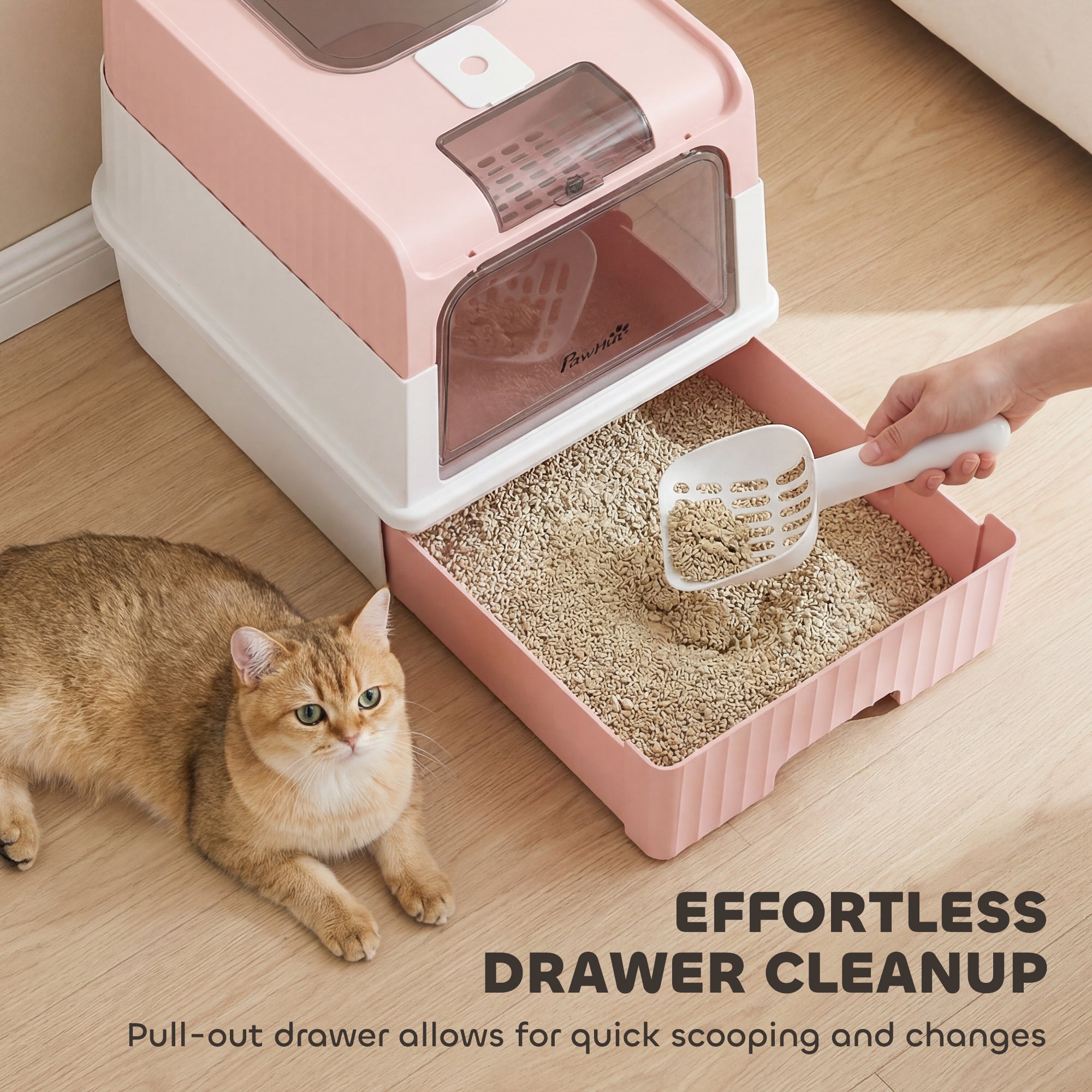 pawhut-bac-liti-re-ferm-pour-chat-avec-capot-sortie-dessus-tiroir-et-pelle-rose image 7