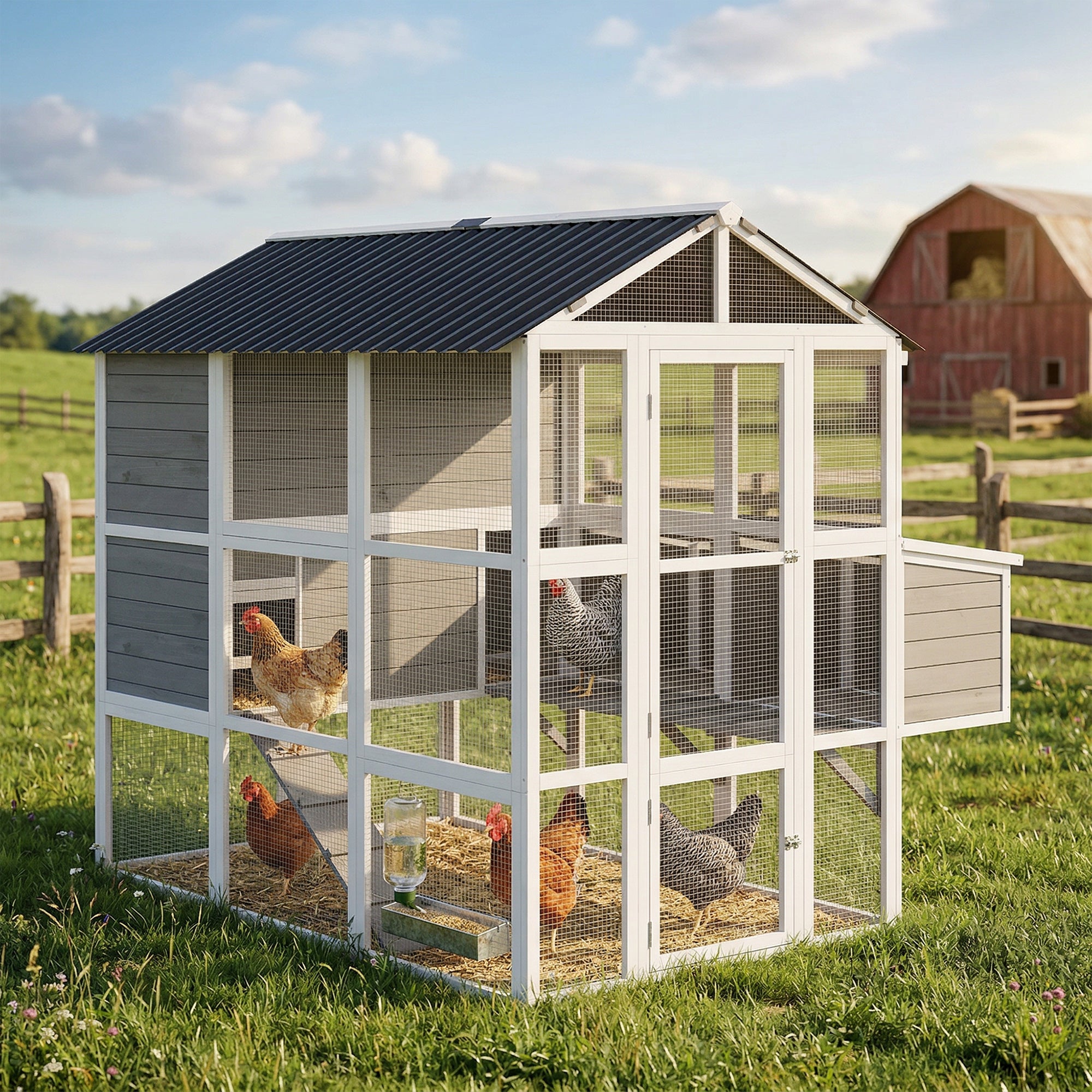pawhut-grand-poulailler-en-bois-77-avec-enclos-pour-6-8-poules-3-pondoirs-gris image 4