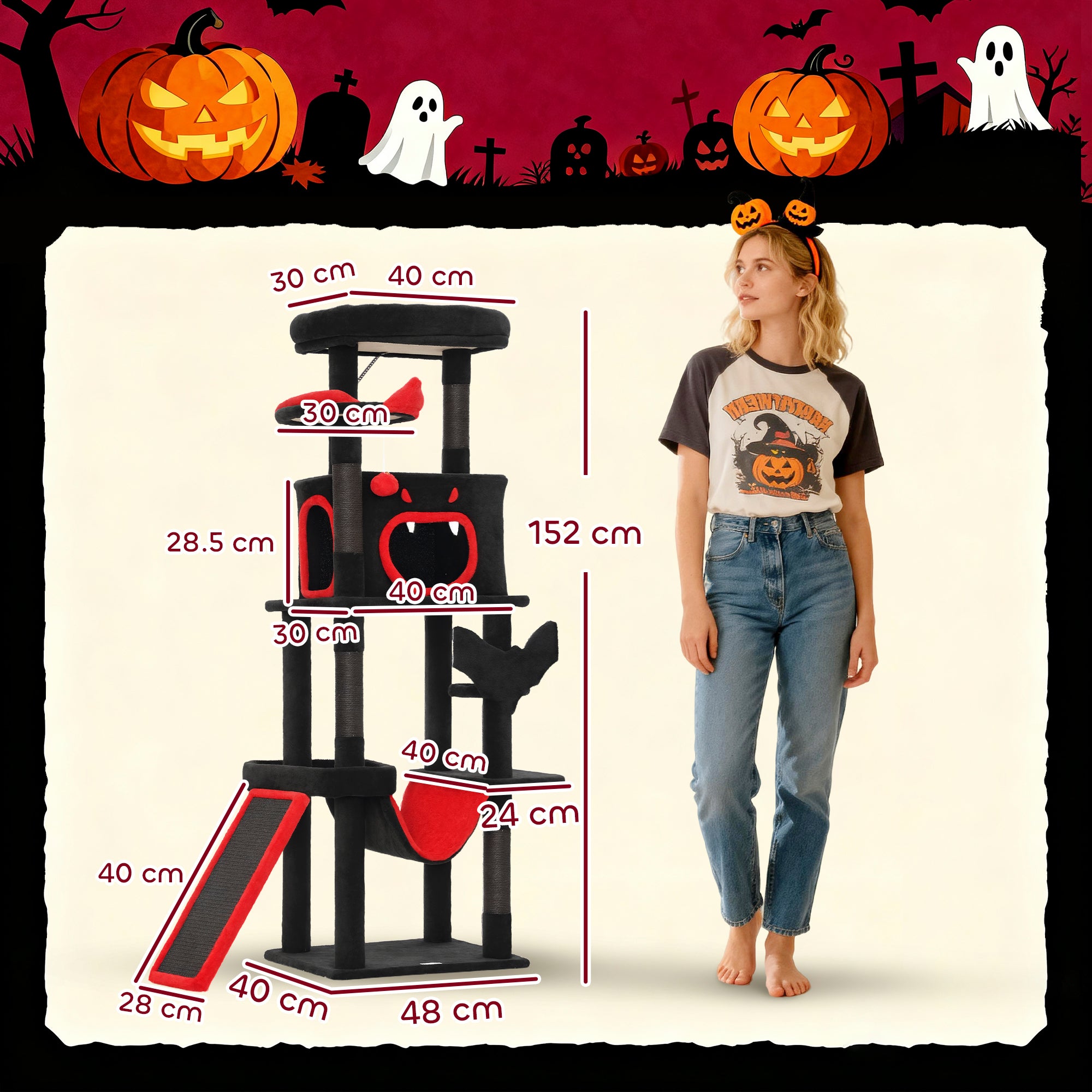 pawhut-arbre-chat-gothique-halloween-hideaway-152-cm-noir-et-rouge image 5
