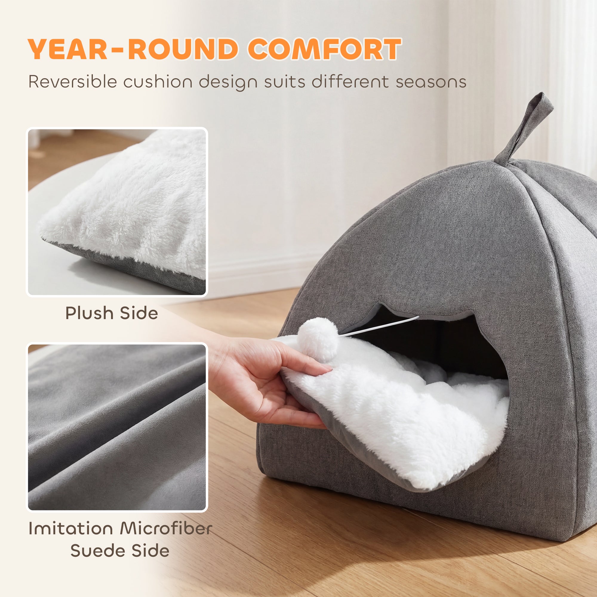 pawhut-grotte-lit-chat-42-x-42-x-39-cm-avec-coussin-r-versible-et-balle-gris image 6