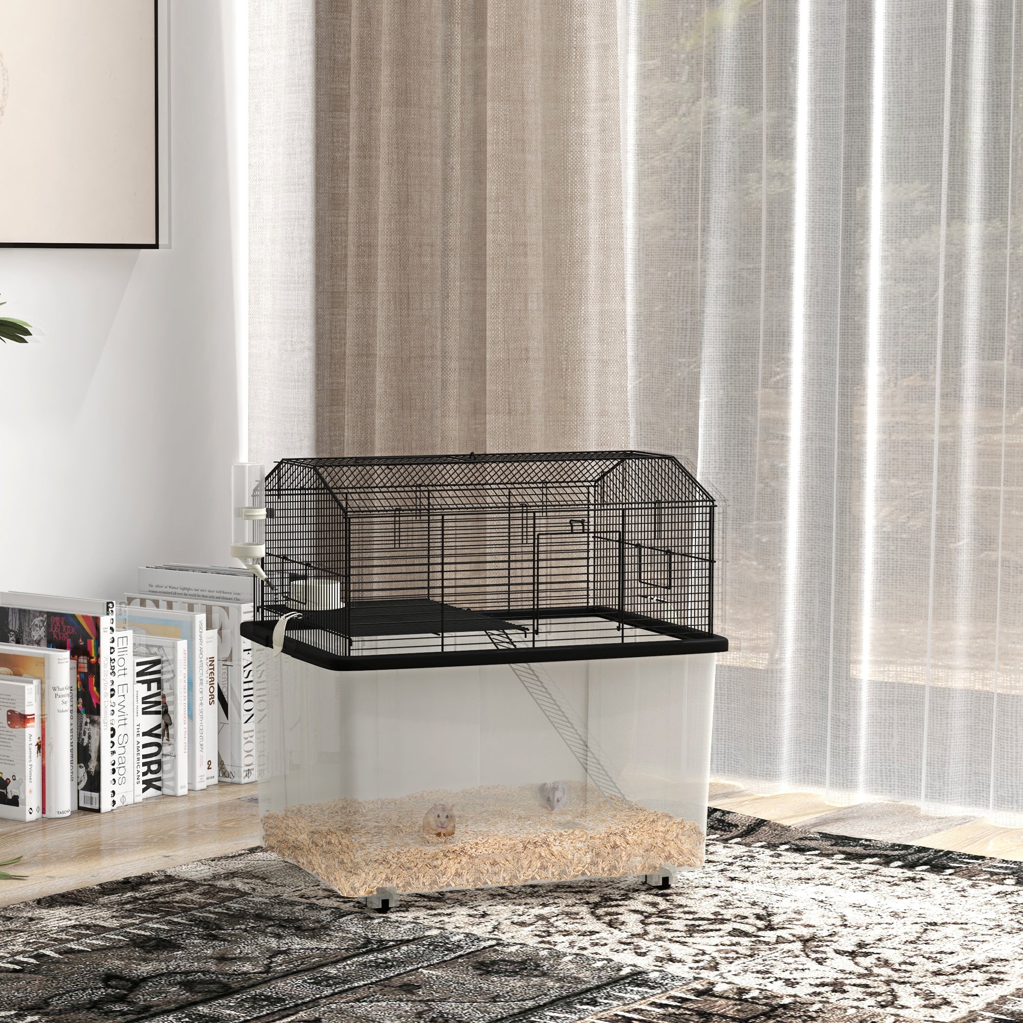 pawhut-cage-hamster-tages-avec-base-profonde-plateforme-rampe-et-roulettes-noire image 3