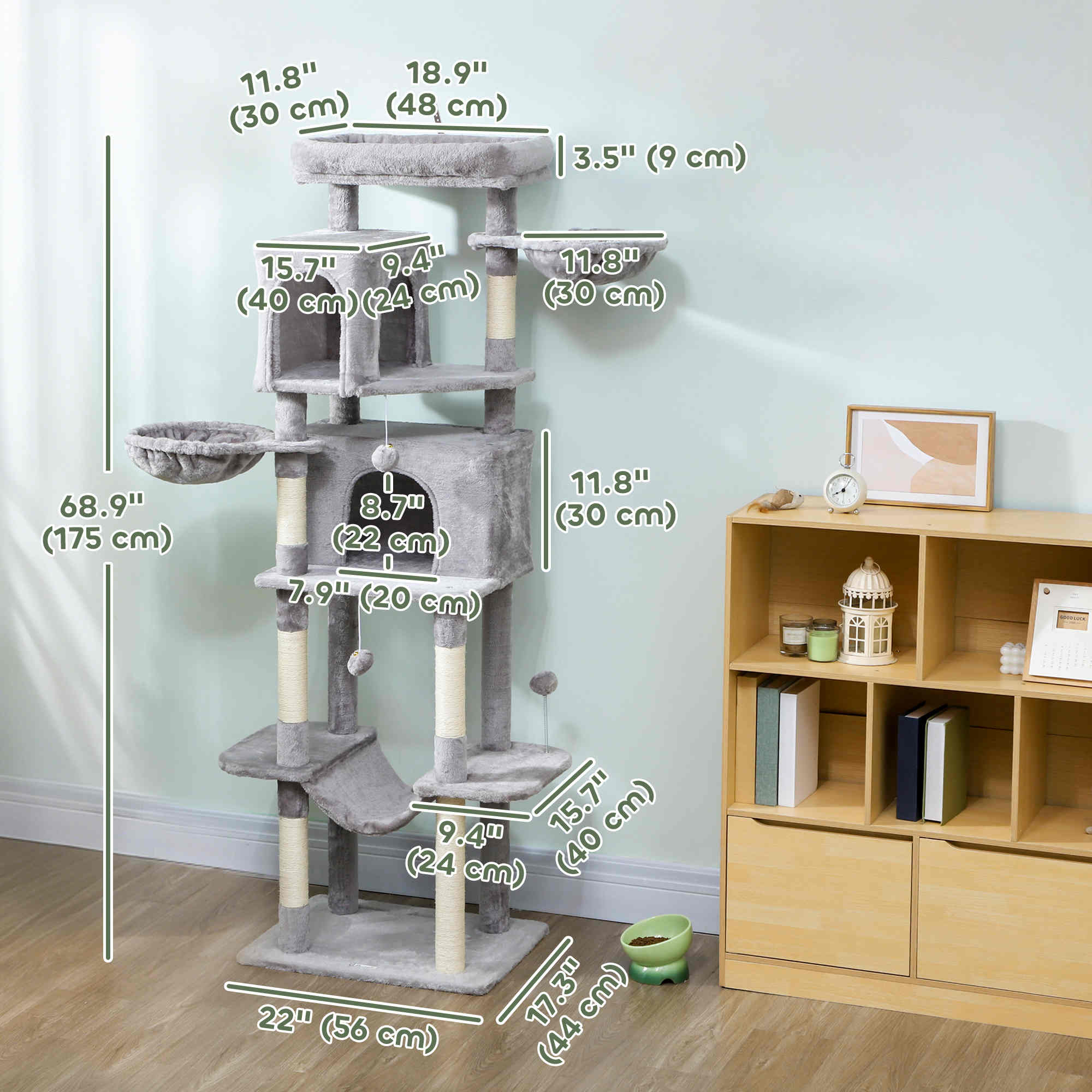 pawhut-arbre-chat-69-175-cm-avec-2-niches-3-hamacs-et-perchoirs-gris-clair image 5