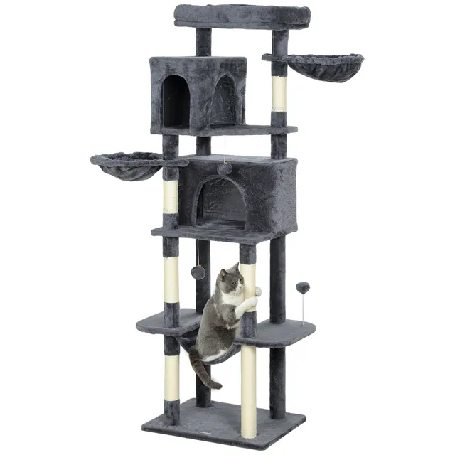 pawhut-arbre-chat-175-cm-avec-2-niches-3-hamacs-et-perchoirs-gris-fonc image 1