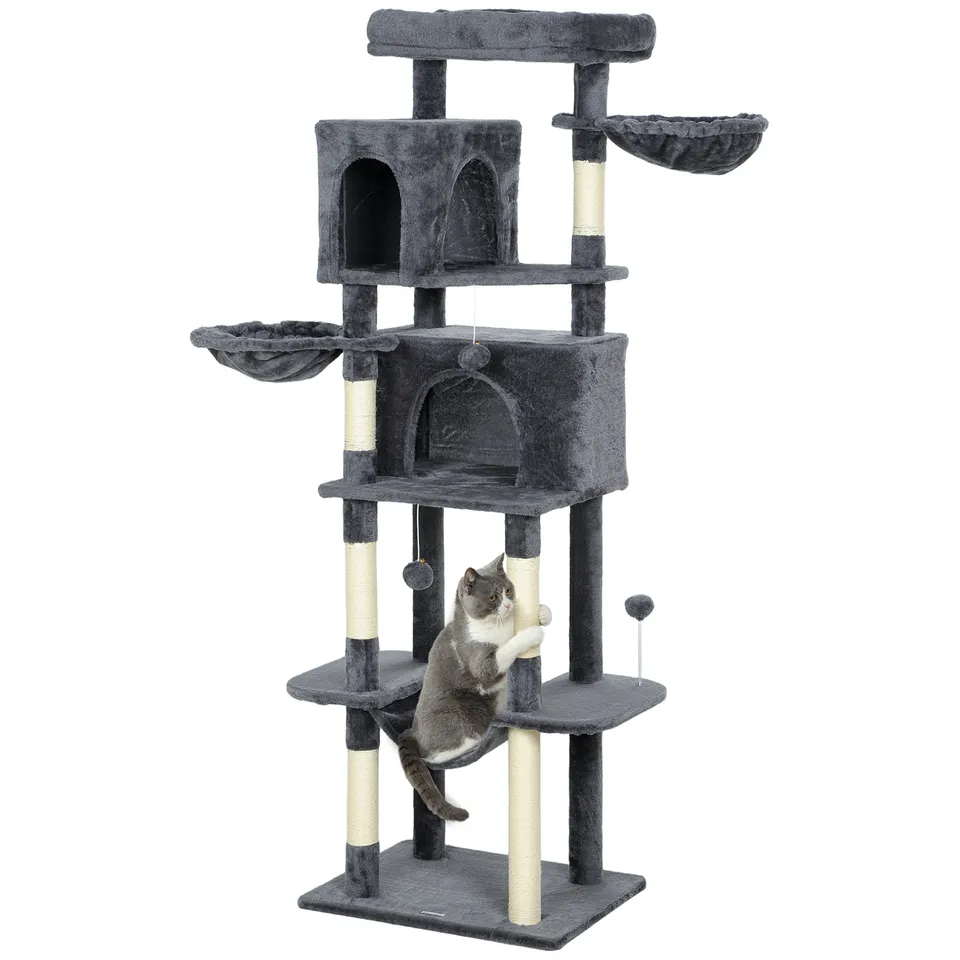 pawhut-arbre-chat-175-cm-avec-2-niches-3-hamacs-et-perchoirs-gris-fonc image 1