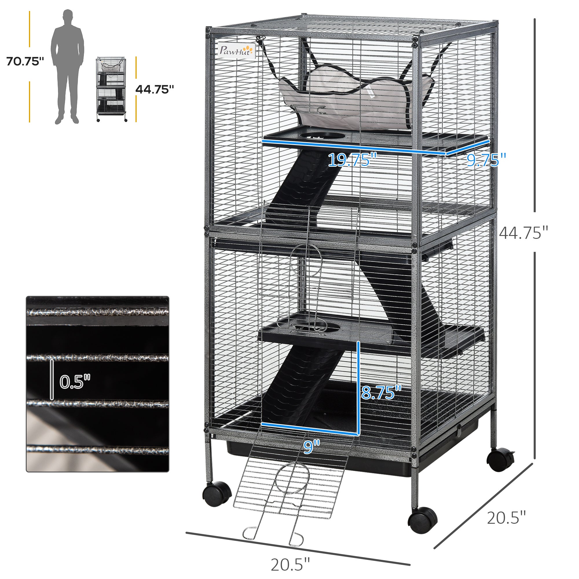 pawhut-cage-petits-animaux-4-tages-roulettes-avec-hamac-gris image 6