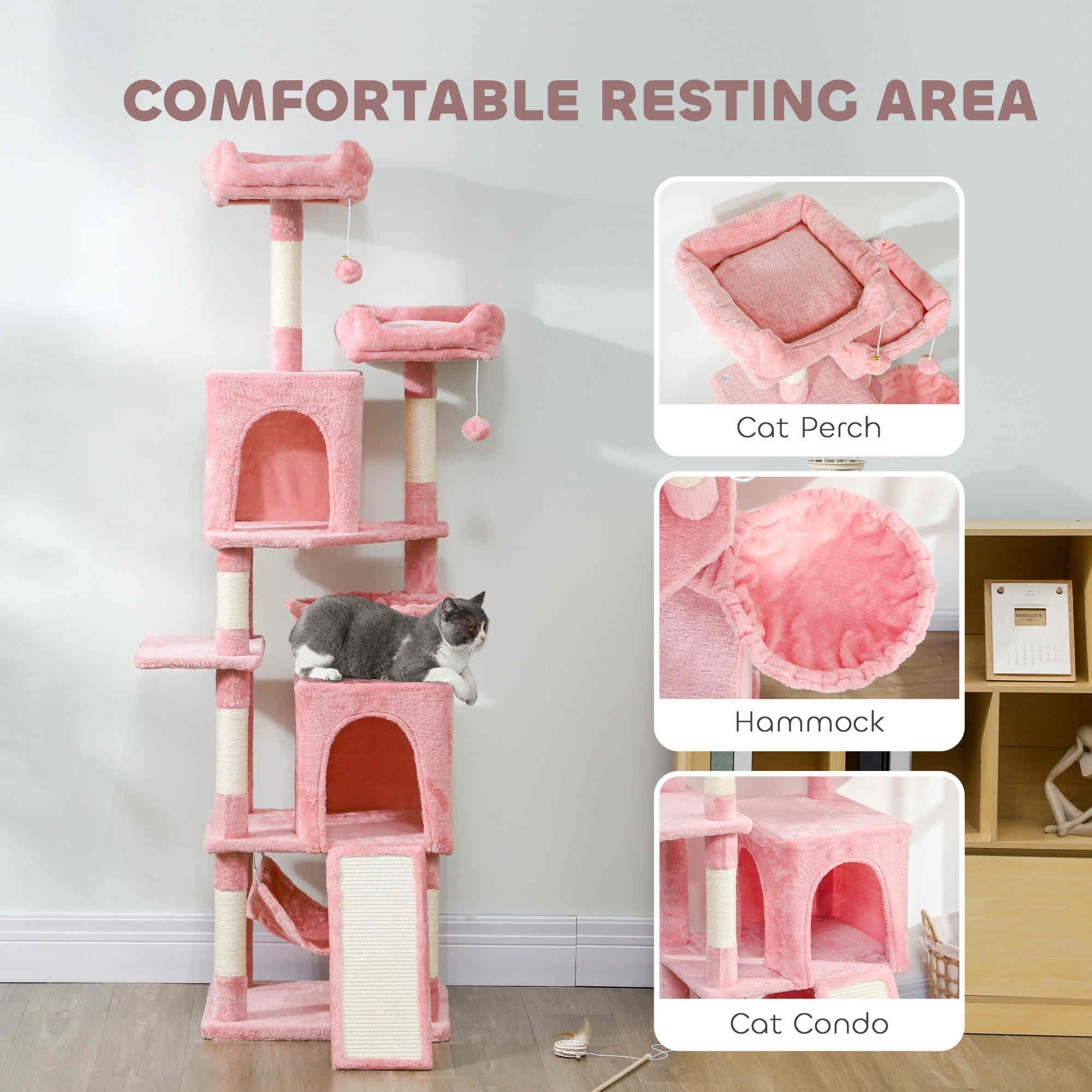 pawhut-arbre-chat-177-cm-2-niches-2-perchoirs-et-hamac-rose image 7
