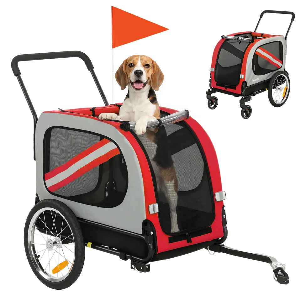 pawhut-remorque-v-lo-pour-chien-2-en-1-pliante-avec-poussette-et-harnais-de-s-cu image 1