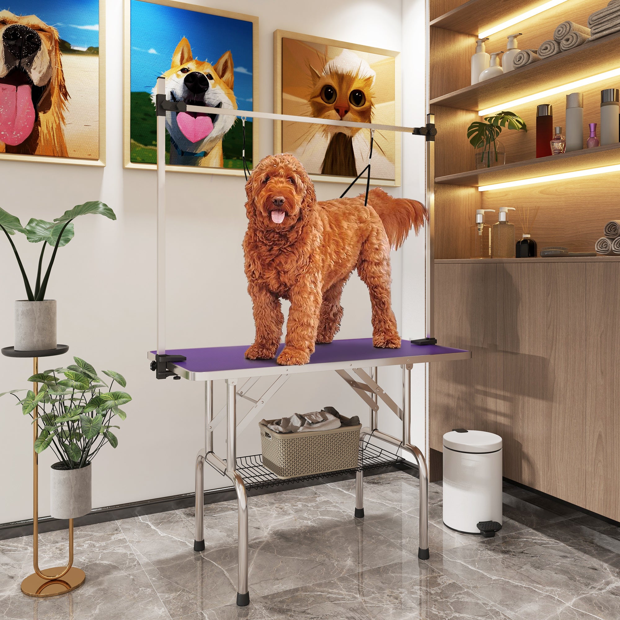 pawhut-table-de-toilettage-pliable-109-cm-bras-r-glable-violet image 3