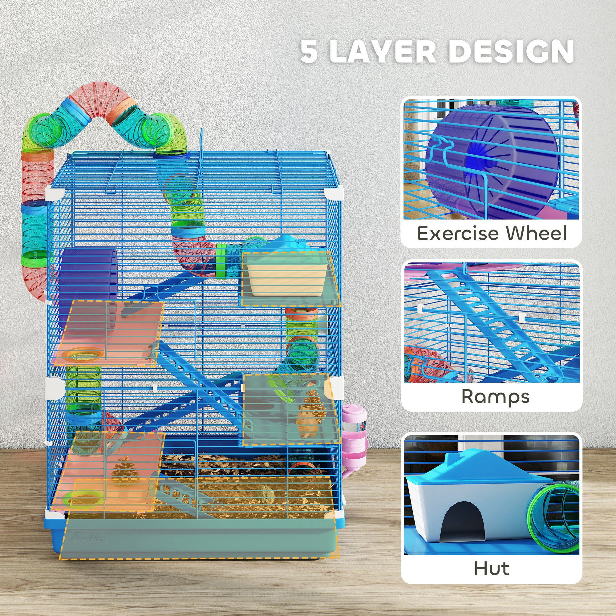 pawhut-cage-hamster-5-tages-avec-tunnels-roue-et-maison-bleue image 8