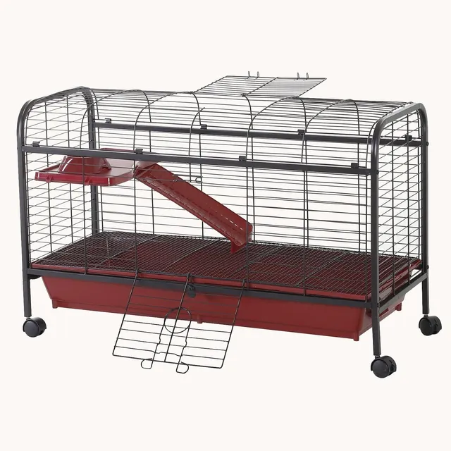 pawhut-cage-petits-animaux-41-pouces-avec-mangeoire-roulettes-rampe-et-plateform image 1