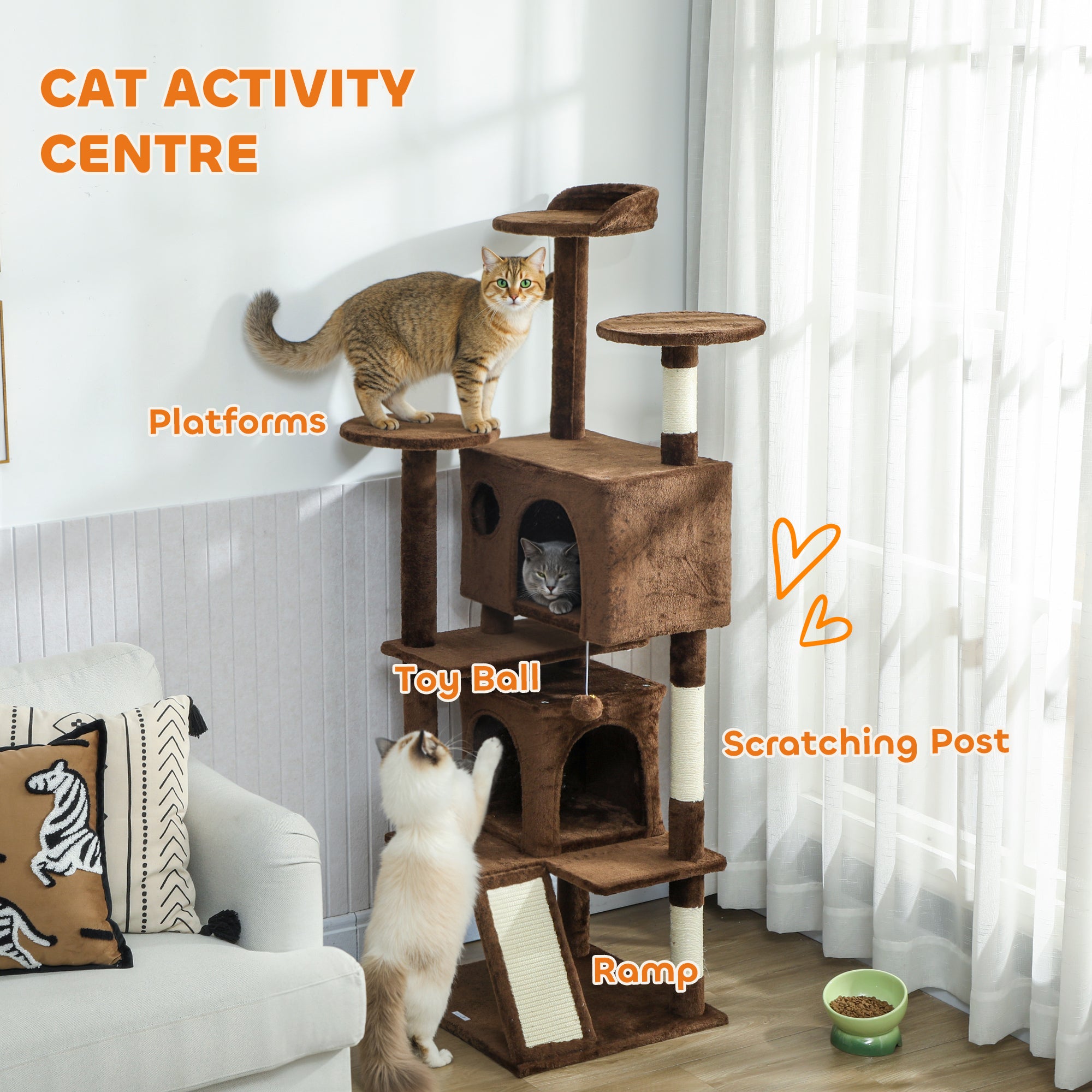 pawhut-arbre-chat-63-avec-condos-lit-rampe-et-griffoirs-marron-clair image 6