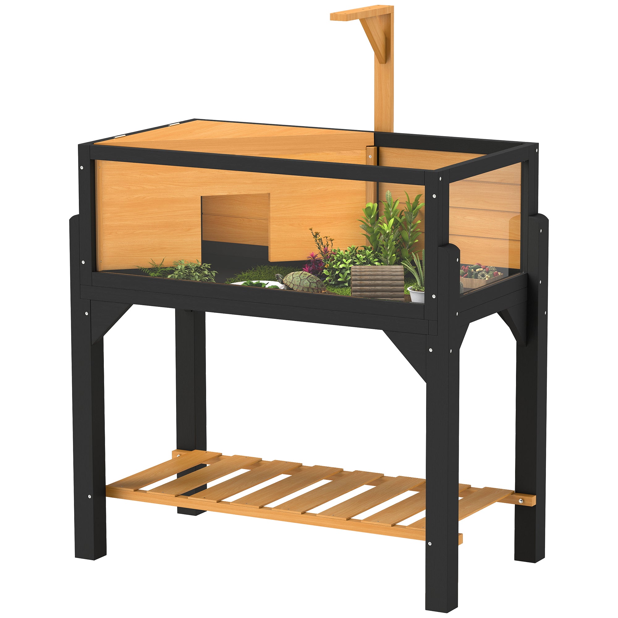 pawhut-terrarium-tortue-bois-avec-tag-re-fen-tres-et-support-lampe-jaune image 1