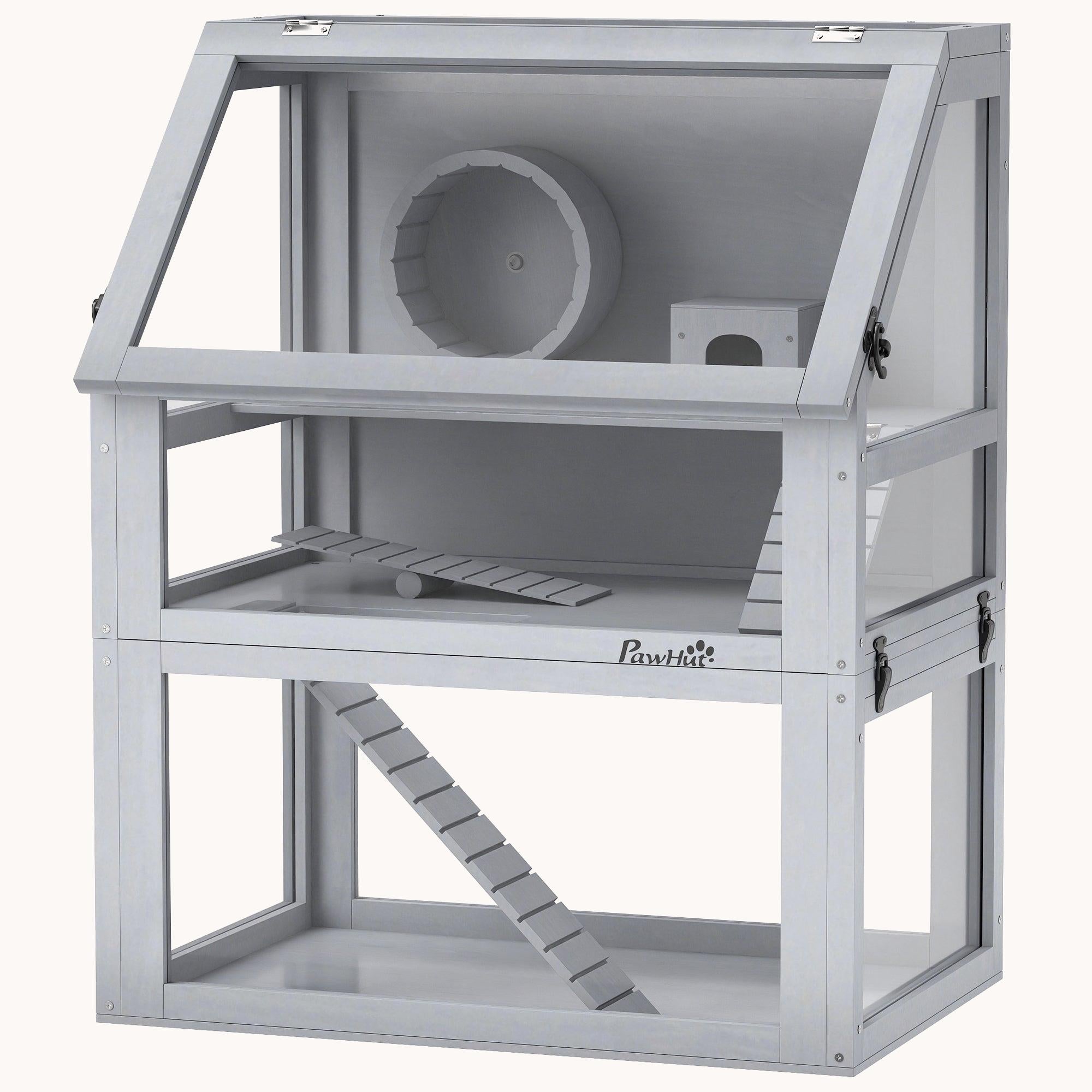 pawhut-cage-pour-hamster-en-bois-3-tages-avec-roue-amovible-et-rampes-61-x-41-x- image 2