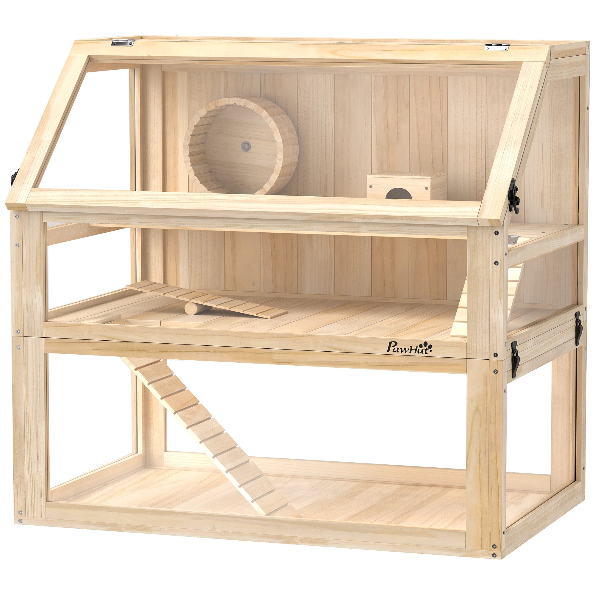pawhut-cage-pour-hamster-en-bois-3-tages-avec-roue-maison-et-rampes-80-x-50-x-76 image 2