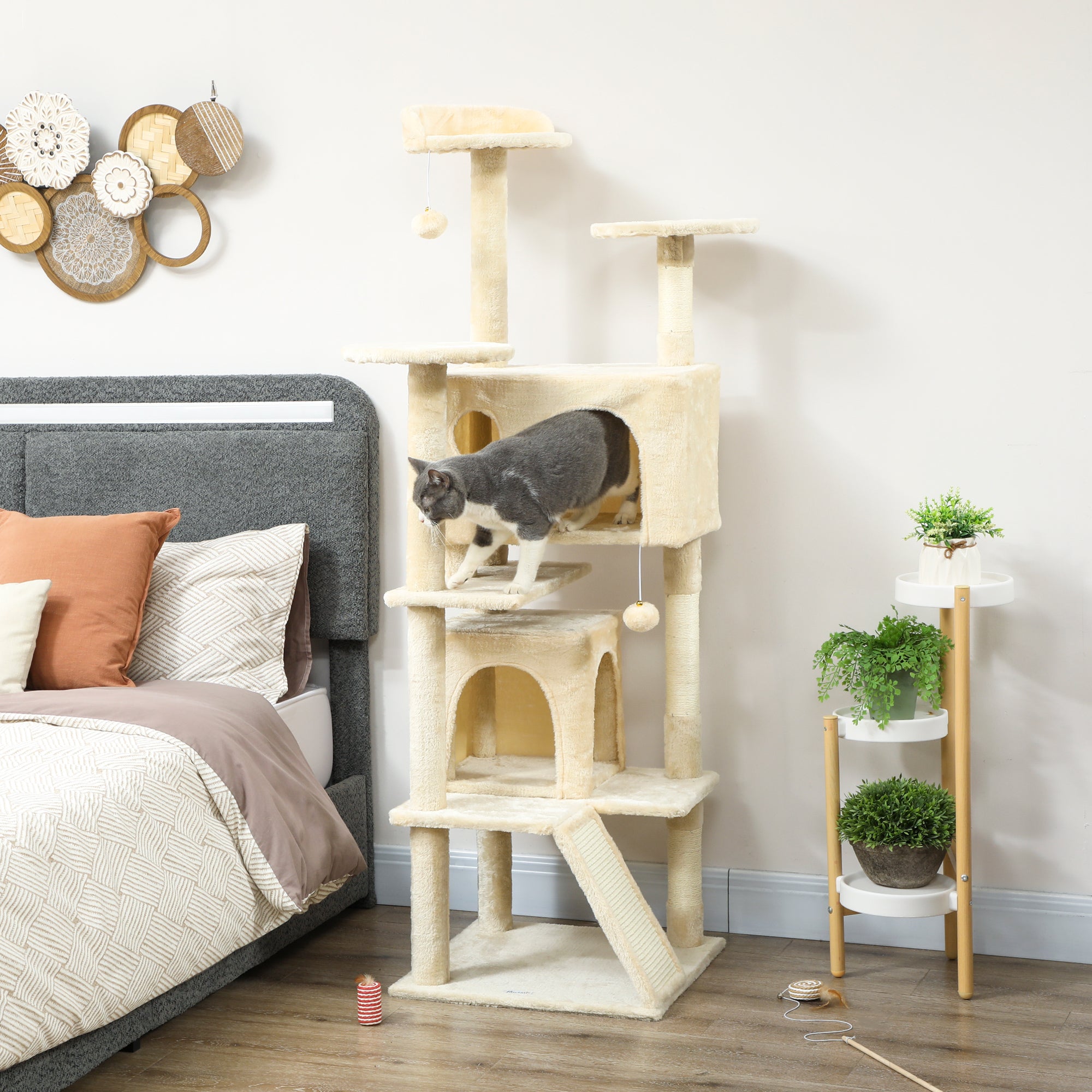 pawhut-arbre-chat-160-cm-avec-condos-lit-rampe-et-griffoirs-blanc-cr-me image 4