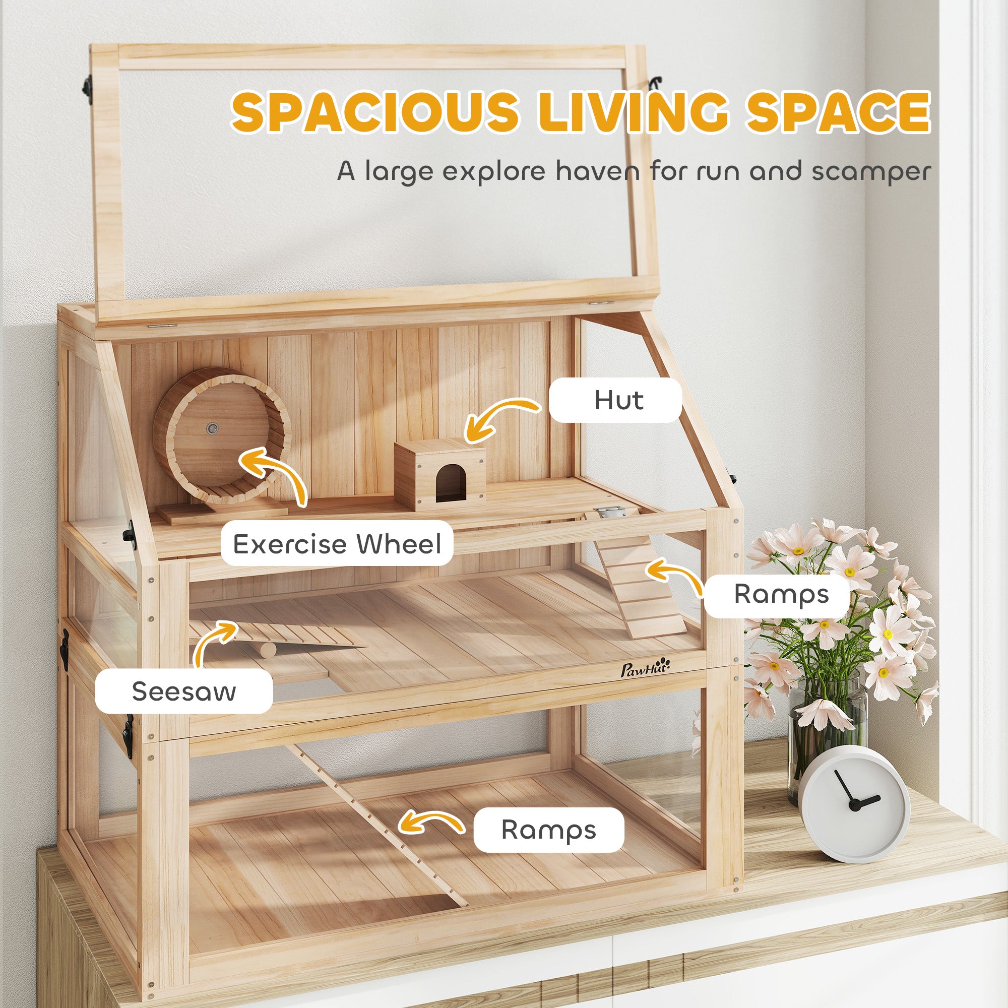 pawhut-cage-pour-hamster-en-bois-3-tages-avec-roue-maison-et-rampes-80-x-50-x-76 image 6