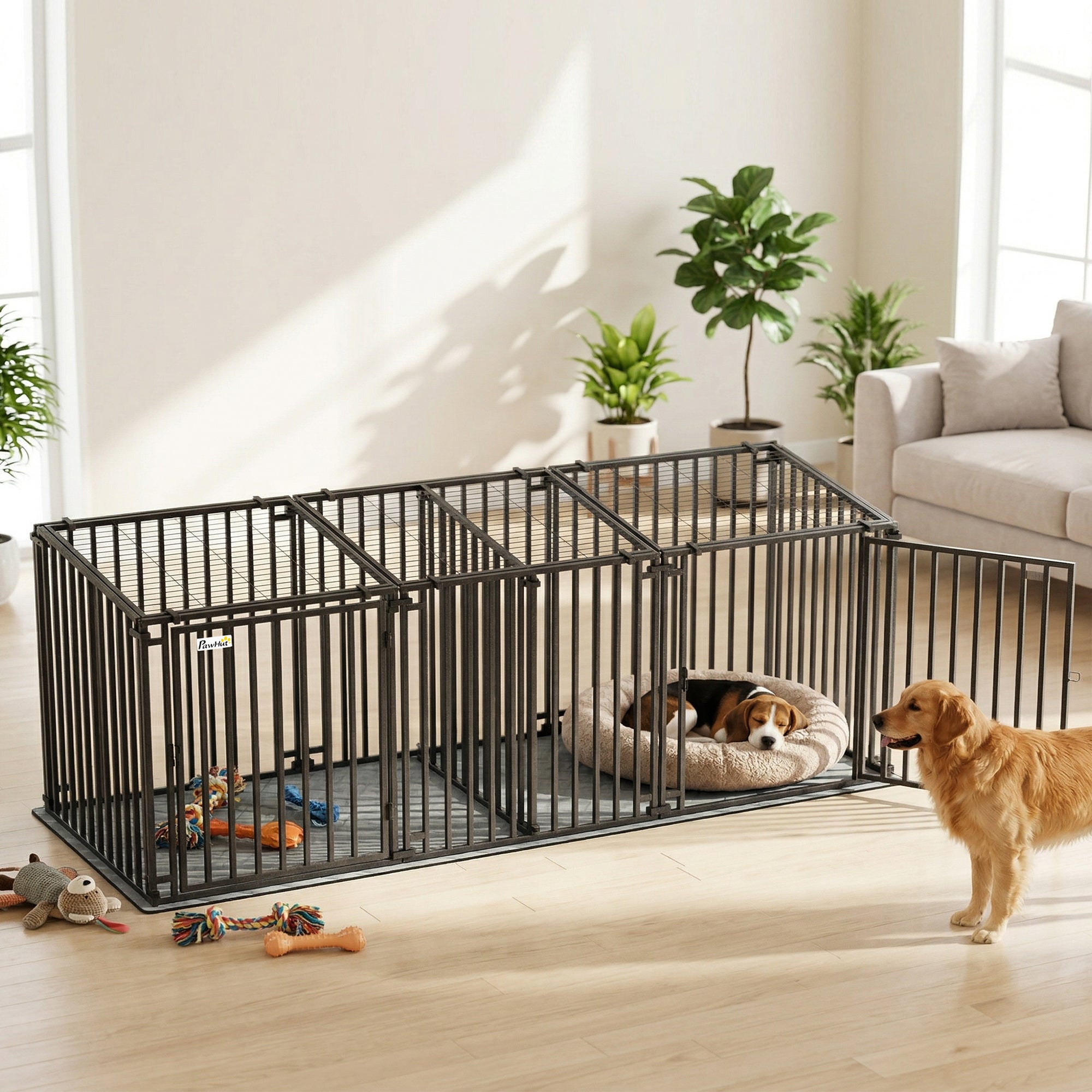 pawhut-cage-chien-m-tal-robuste-83-avec-s-parateur-et-tapis-tanche-noir image 3