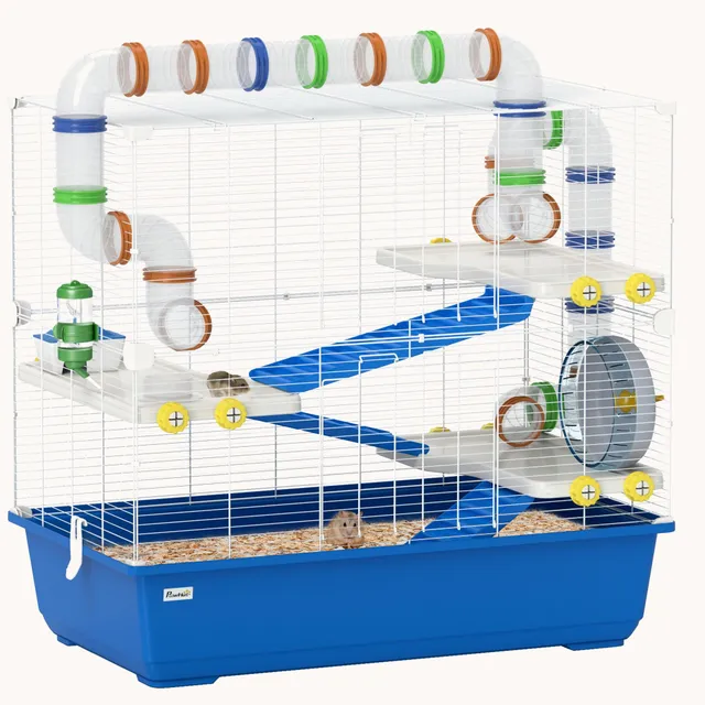 pawhut-cage-hamster-4-tages-avec-tunnels-roue-et-cabane-bleu-78x45x73-cm image 1