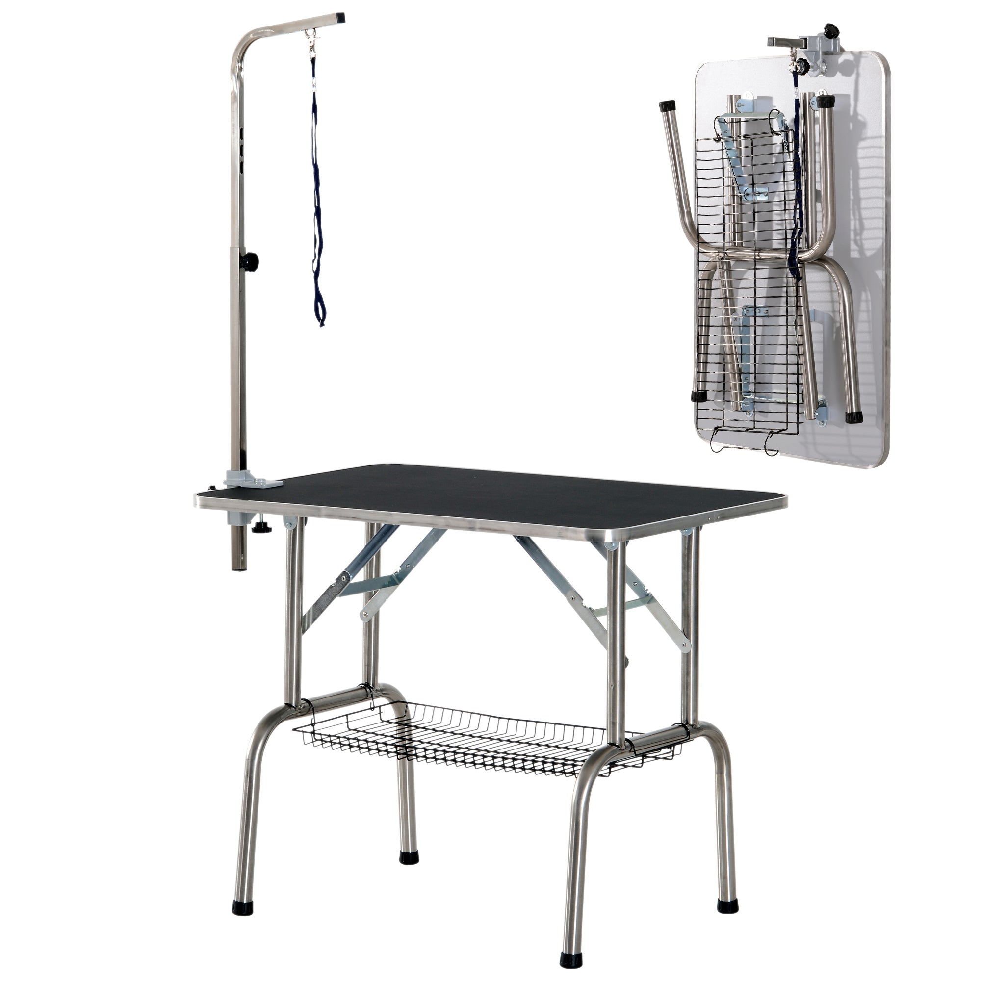pawhut-table-de-toilettage-pliable-36-avec-bras-r-glable-et-tag-re-noire image 2