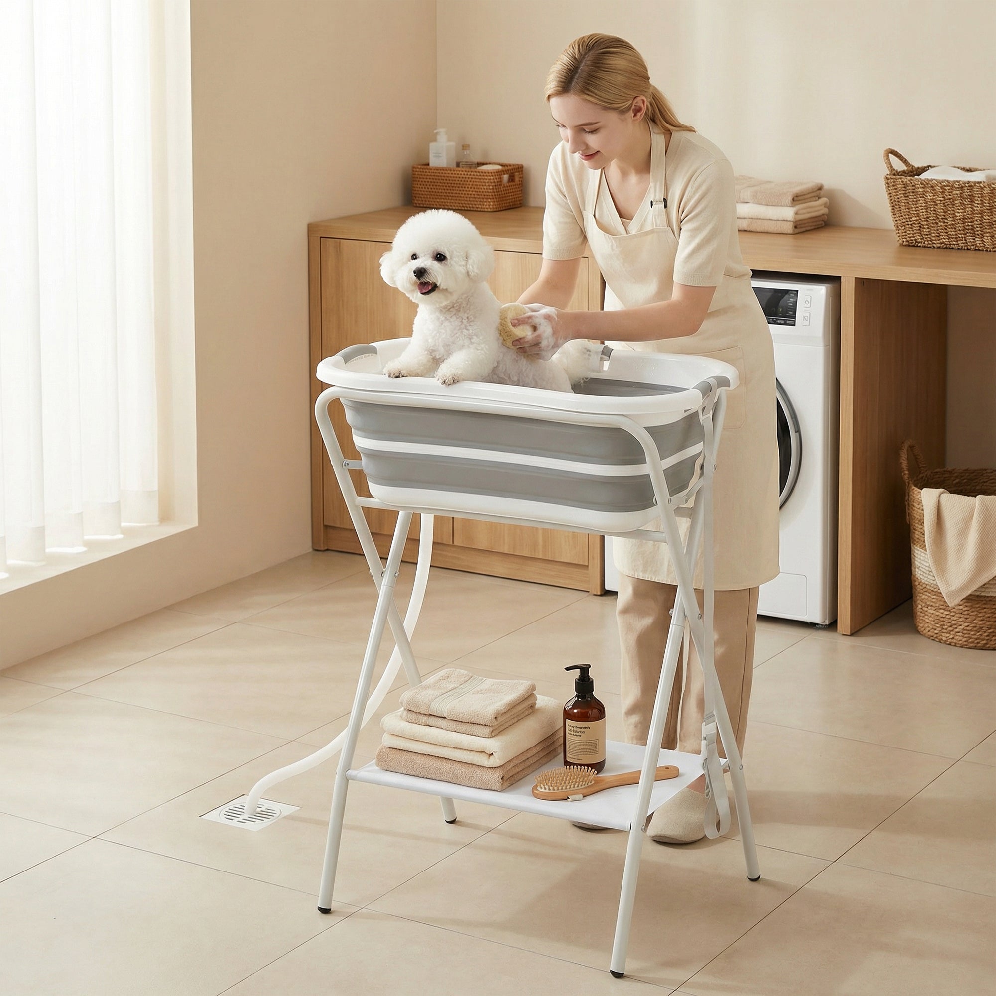 pawhut-baignoire-sur-lev-e-pliante-2-en-1-pour-petits-chiens-avec-tuyau-et-tag-r image 3