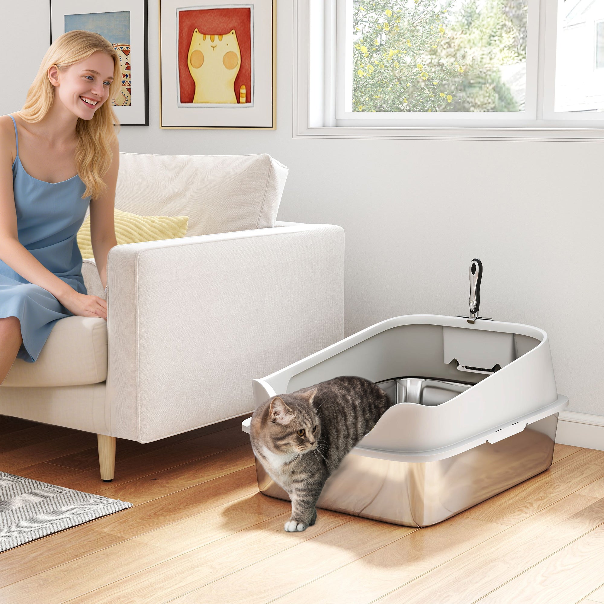 pawhut-bac-liti-re-chat-inox-avec-pelle-bords-hauts-60-cm-gris image 4