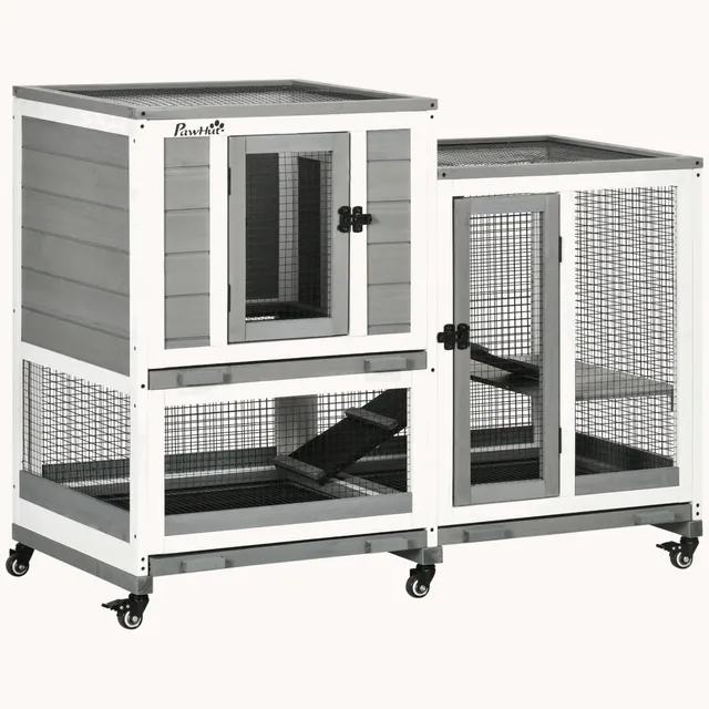 pawhut-clapier-lapin-bois-3-tages-toit-tanche-roulettes-gris image 1