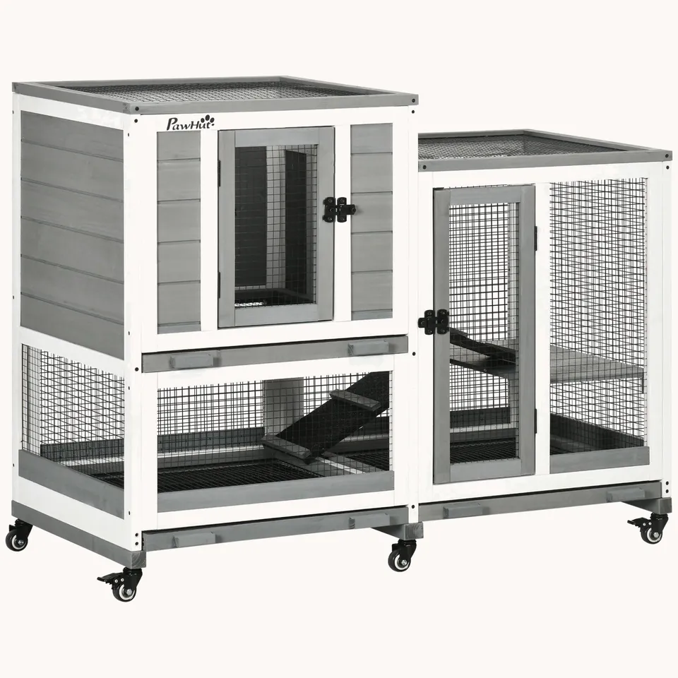 pawhut-clapier-lapin-bois-3-tages-toit-tanche-roulettes-gris image 1