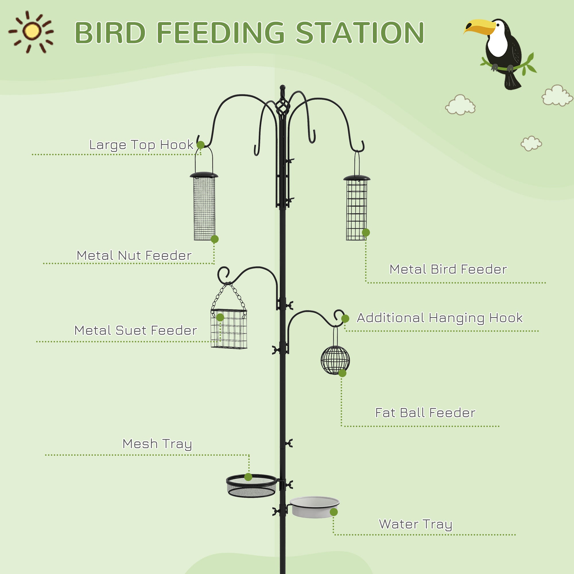pawhut-station-d-alimentation-oiseaux-avec-6-crochets-et-4-mangeoires-noir image 6