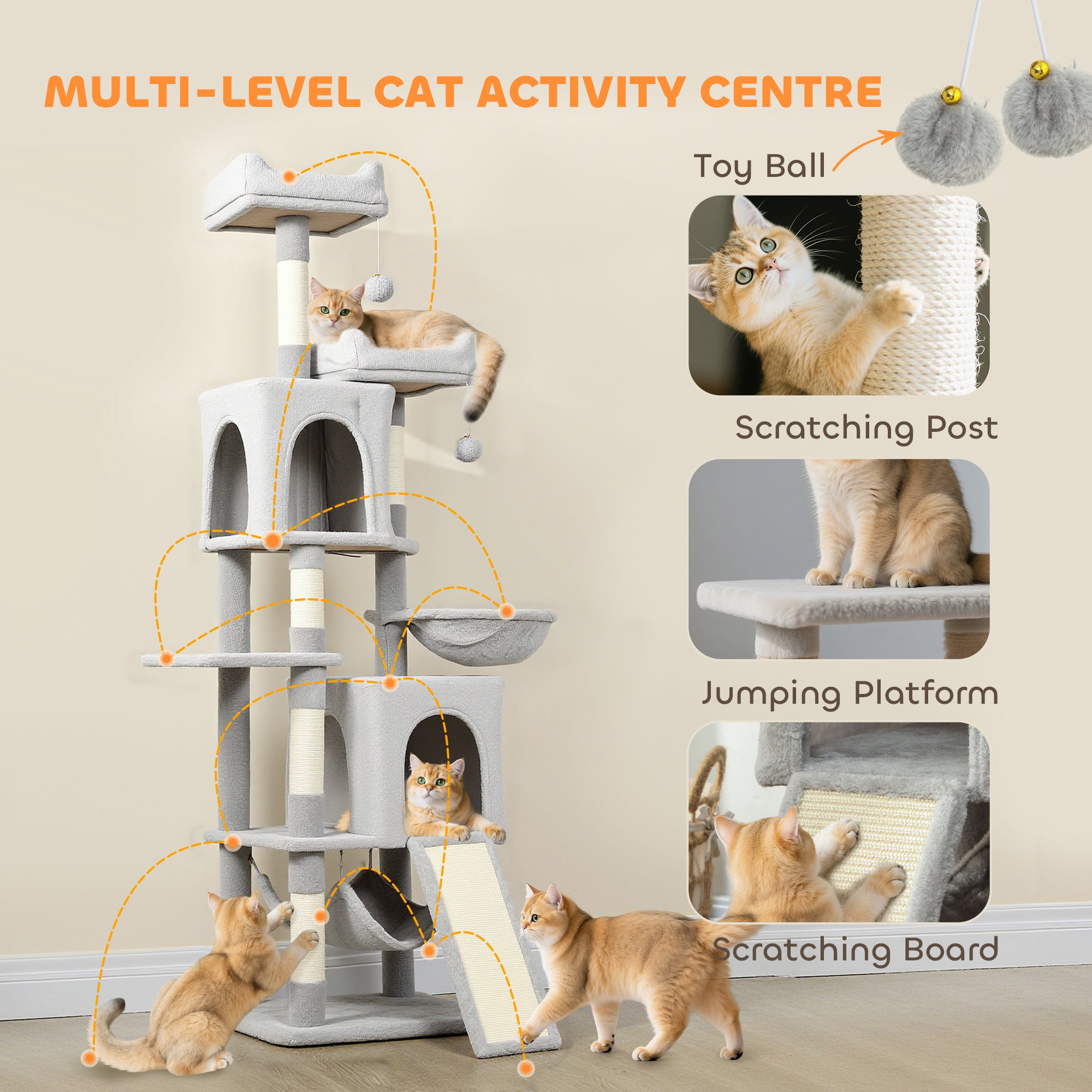 pawhut-arbre-chat-177-cm-avec-2-niches-2-perchoirs-et-hamac-gris-clair image 6
