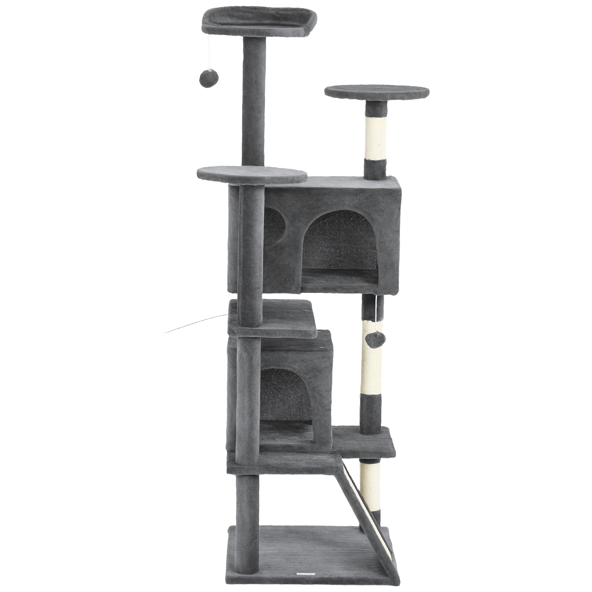 pawhut-arbre-chat-160-cm-avec-niches-lit-rampe-et-griffoir-gris-fonc image 2