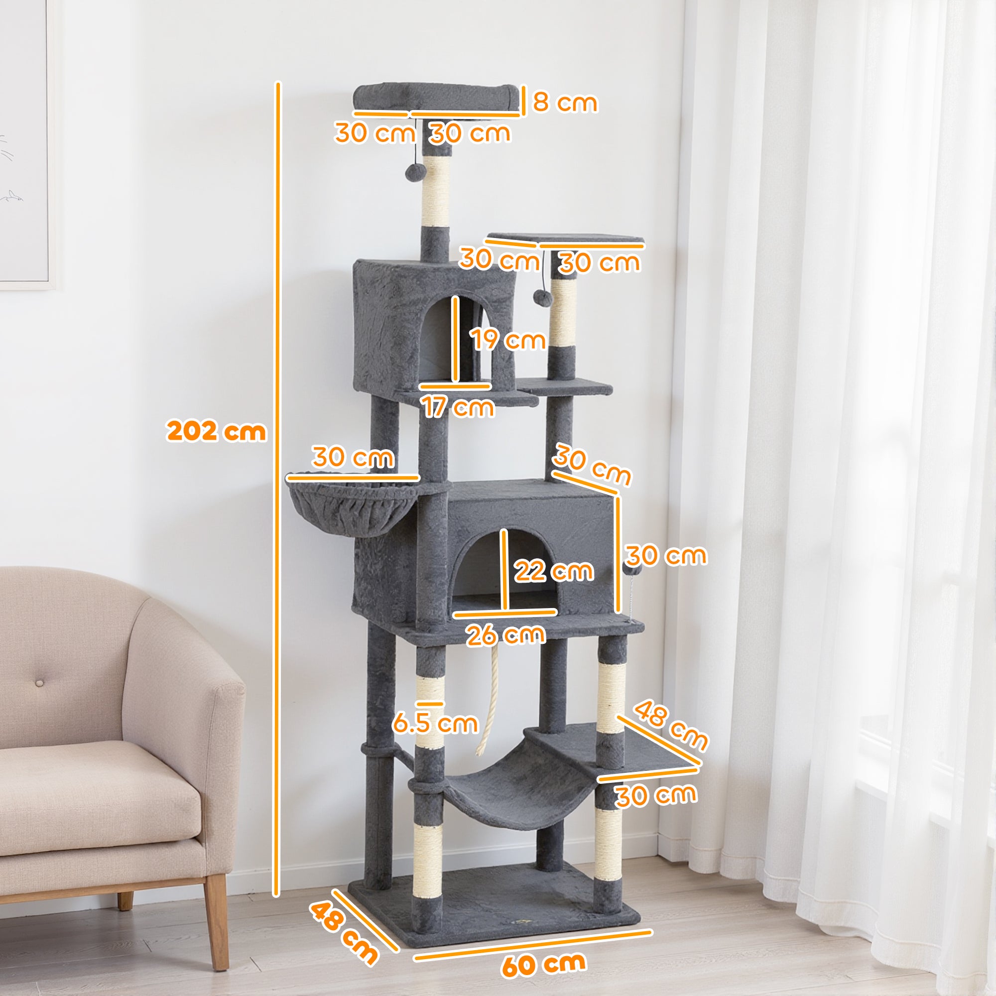 pawhut-arbre-chat-g-ant-202-cm-multi-niveaux-6-griffoirs-2-niches-2-perchoirs-2- image 5