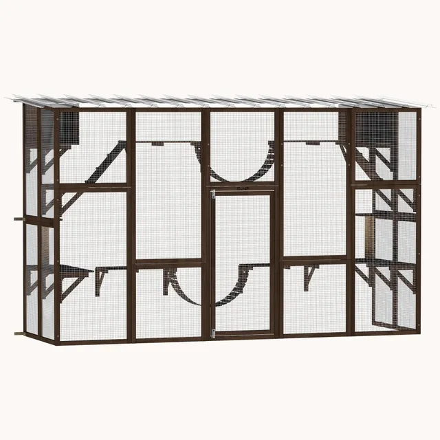pawhut-catio-enclos-ext-rieur-pour-chat-en-bois-avec-toit-1-4-chats-marron-caf image 1