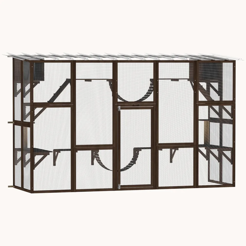 pawhut-catio-enclos-ext-rieur-pour-chat-en-bois-avec-toit-1-4-chats-marron-caf image 1
