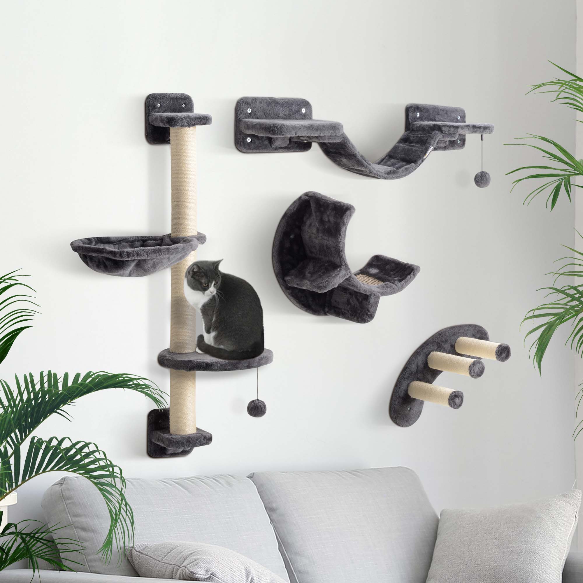 pawhut-parcours-mural-chat-4-pi-ces-gris-avec-hamac-et-griffoirs image 4